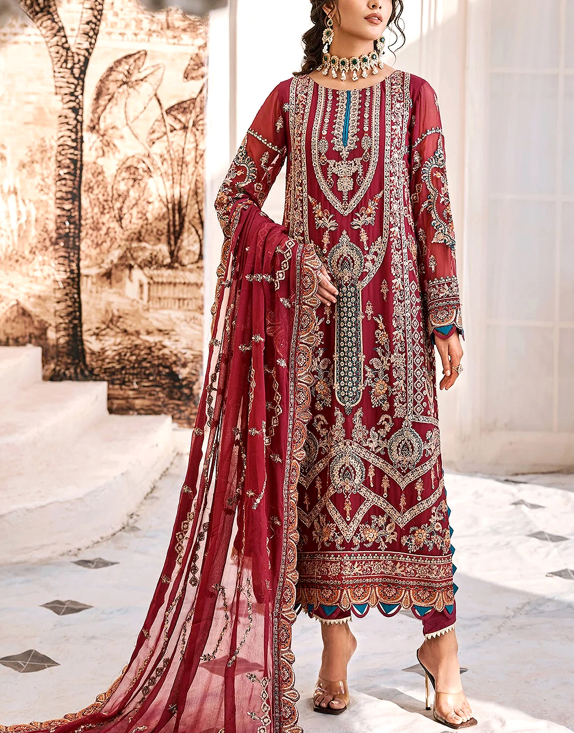 Luxury Heavy Embroidered Chiffon Wedding Dress 2024 Price in Pakistan