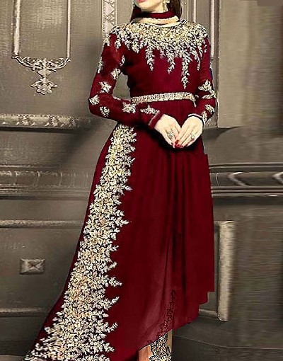 Indian Embroidered Maroon Chiffon Frock with Chiffon Dupatta Price in Pakistan