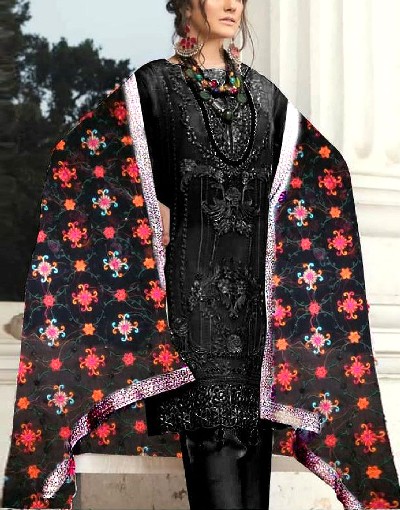 Embroidered Black Chiffon Dress with Phulkari Embroidered Dupatta Price in Pakistan