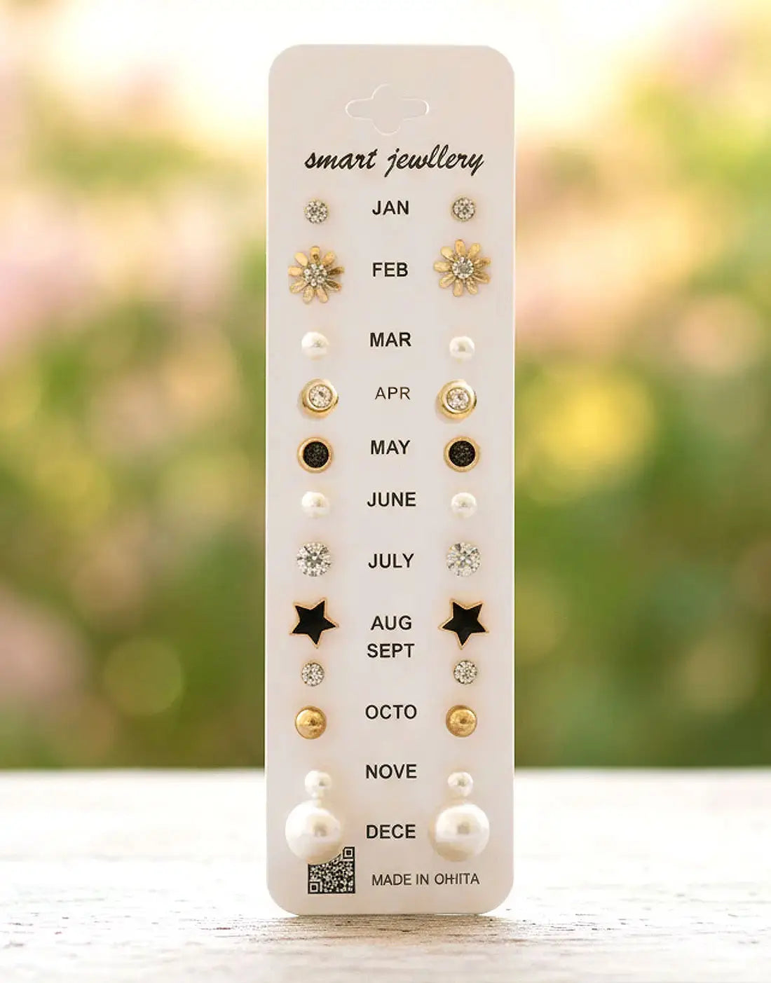 12 Pairs Minimalist Stud Earrings Card in Mix Floral Star Pearl Geometrical Shape