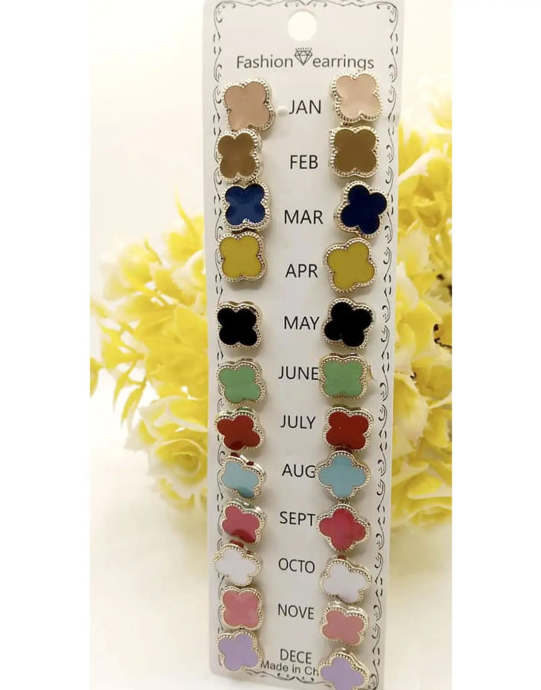 12 Pairs Minimalist Stud Earrings Card in Multicolor Four Leaf Clover Shape