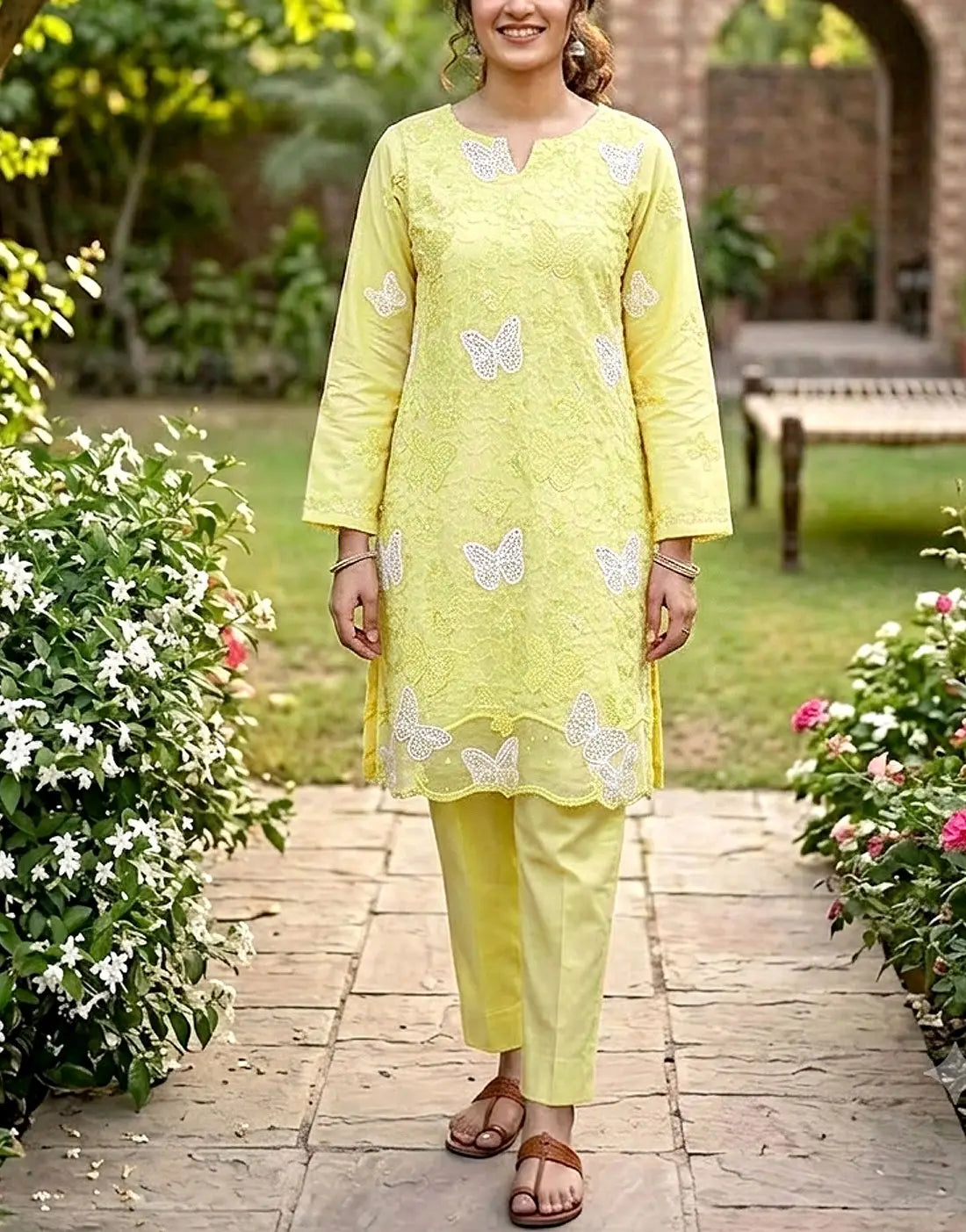 2-Piece Butterfly Design Embroidered Lawn Dress for Girls