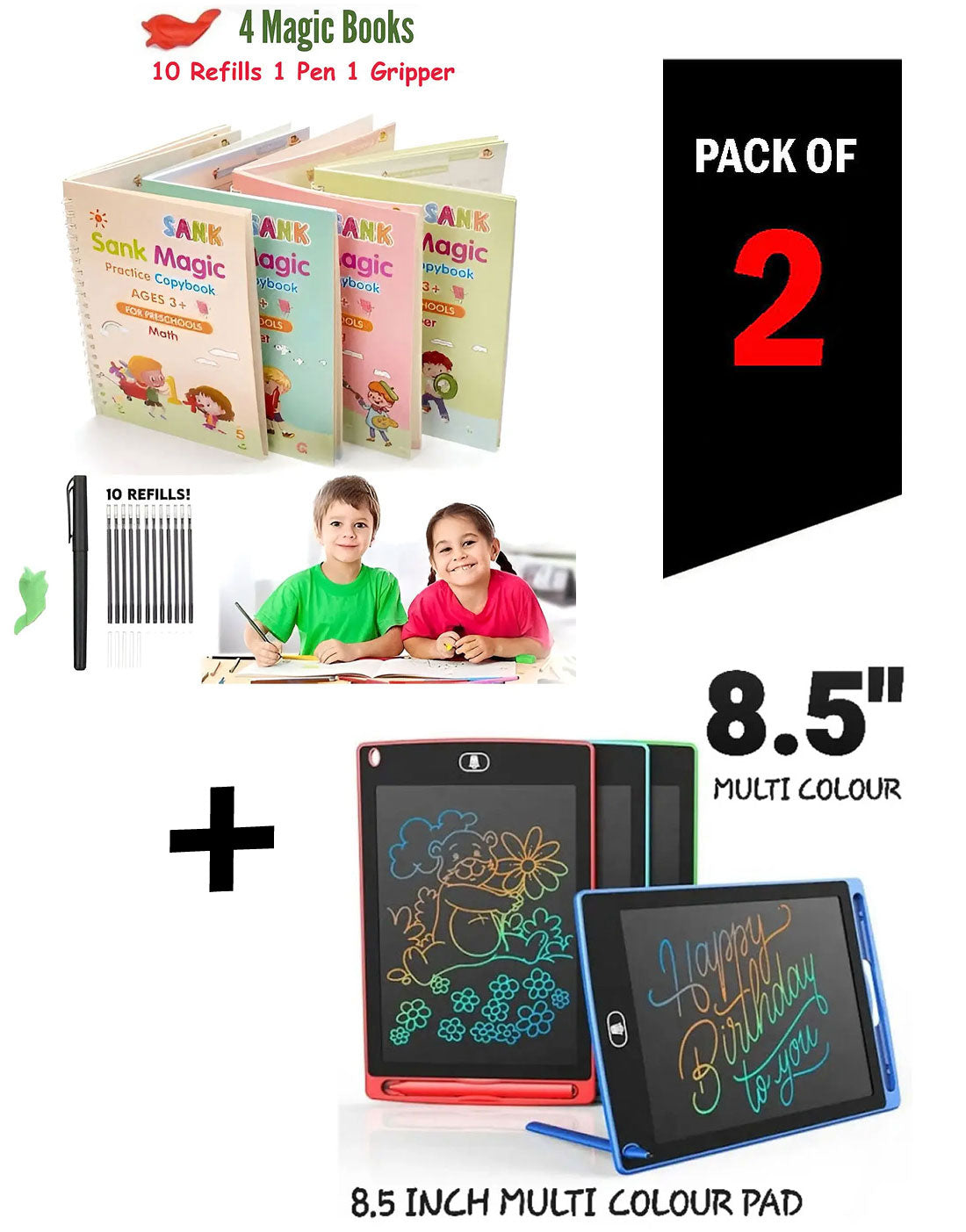 Kids Learning Gift Pack β 8.5" LCD Writing Tablet + 4 Sank Magic Reusable Practice Copybooks