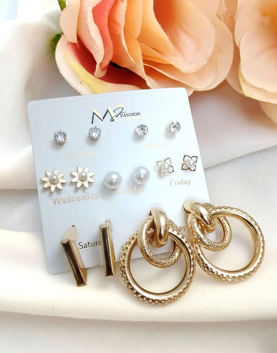 7 Pairs Minimalist Metallic Earrings Set in Floral Heart Pearl Geometric Shape