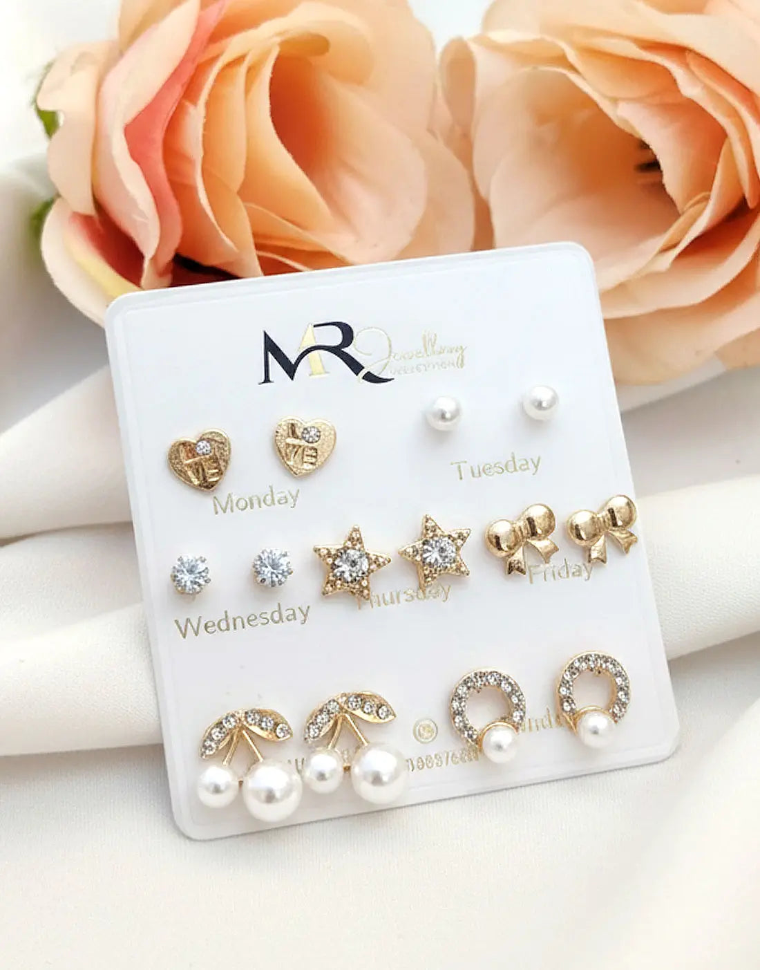 7 Pairs Minimalist Stud Earrings Set in Bow Floral Heart Star Shape for Jewelry Gift