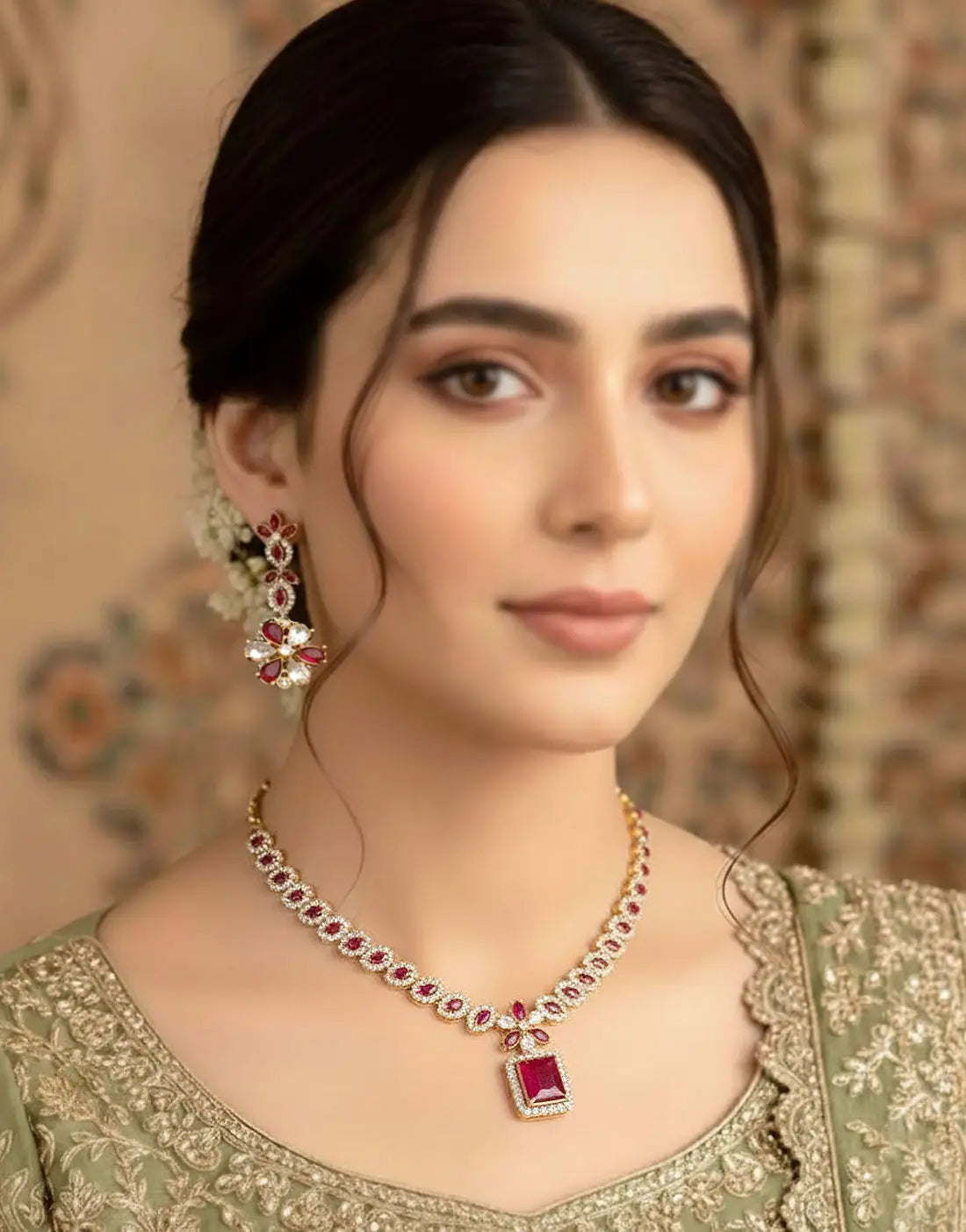 Adorable Zircon Studded Bridal Necklace with Earrings