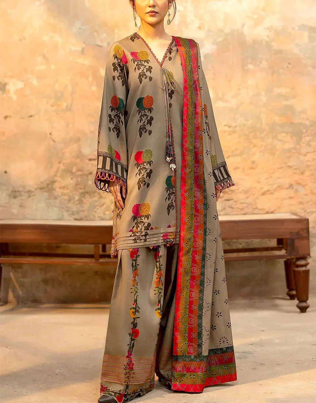 Elegant All-Over Print Lawn Suit with 4-Side Emb. Chiffon Dupatta