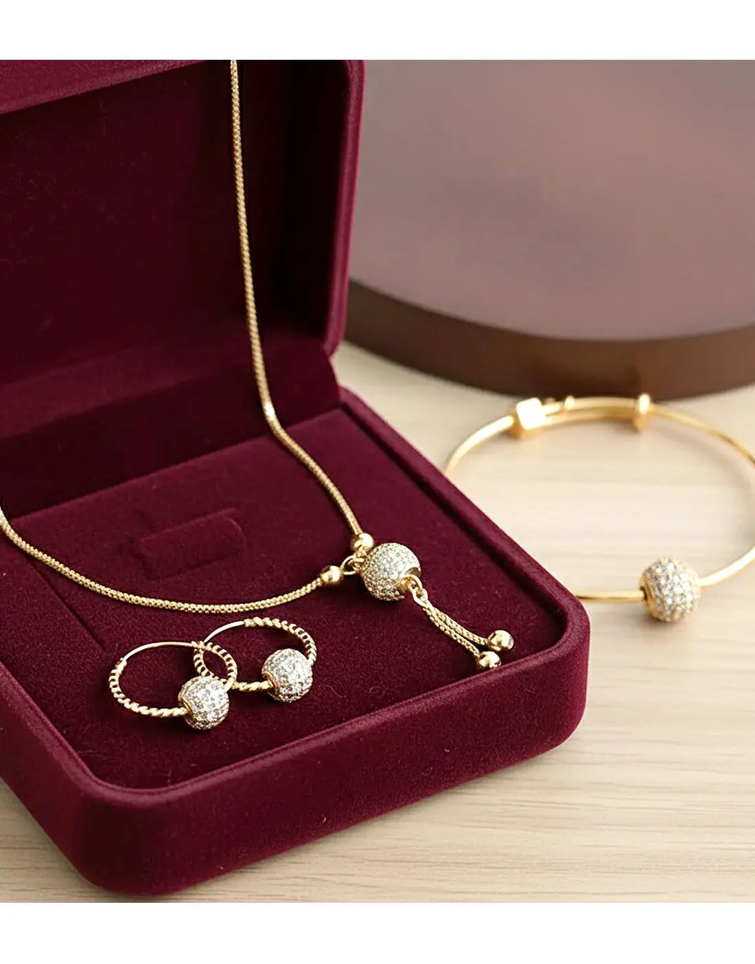 Minimalist Ball Shaped Zircon Pendant, Earrings & Bangle Set for Girls
