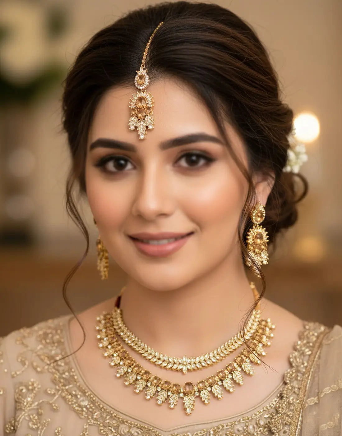 Luxury Zircon Bridal Jewellery Set with Double Necklace, Earrings & Tikka