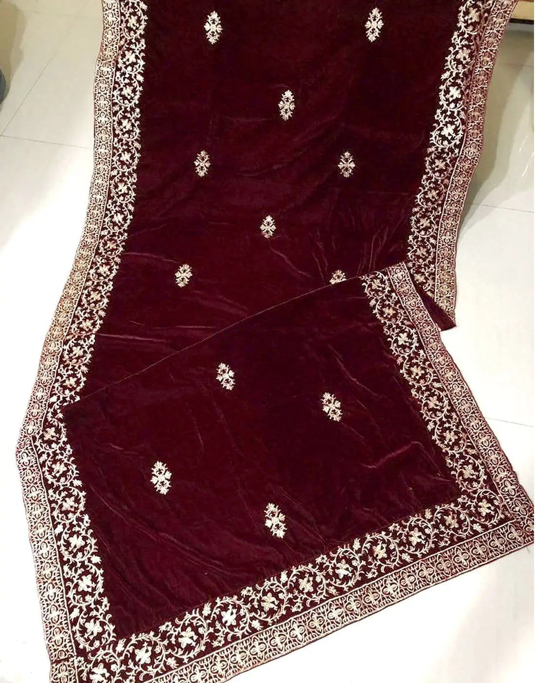 Heavy Embroidered Maroon Velvet Bridal Shawl for Wedding Wear