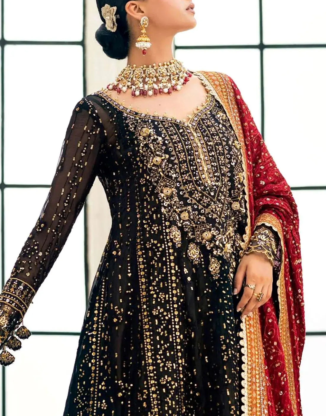 Glamorous Heavily Embroidered Black Chiffon Maxi Dress for Weddings