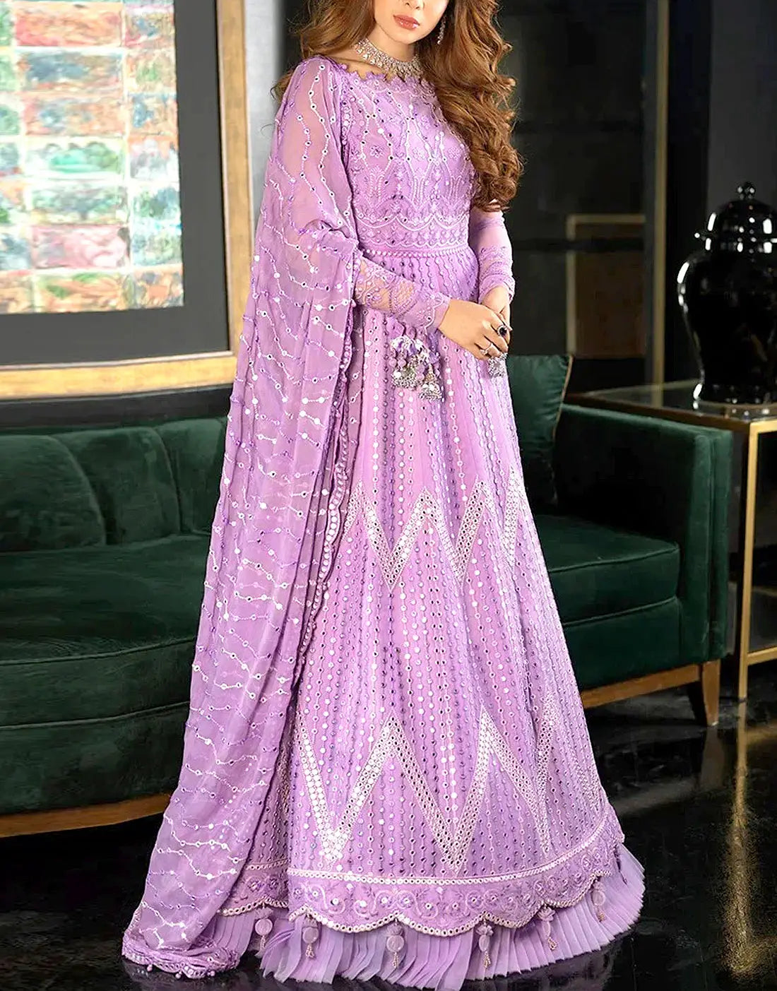 Glamorous 9mm Sequins Embroidered Mauve Chiffon Maxi Dress - Perfect for Party & Wedding Wear