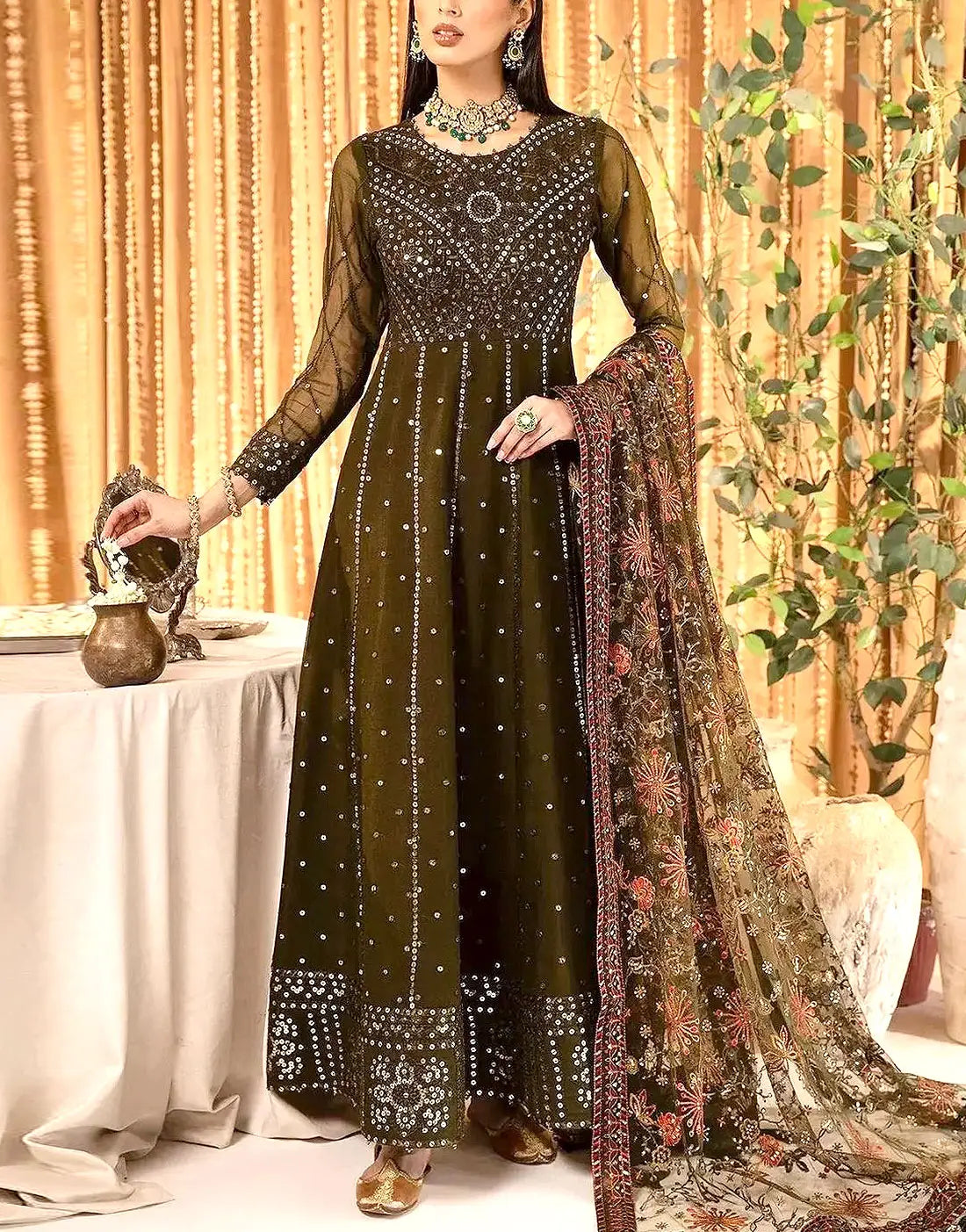 Luxury 5mm Sequins Embroidered Mehndi Green Chiffon Maxi Dress - Ideal for Mehndi & Weddings