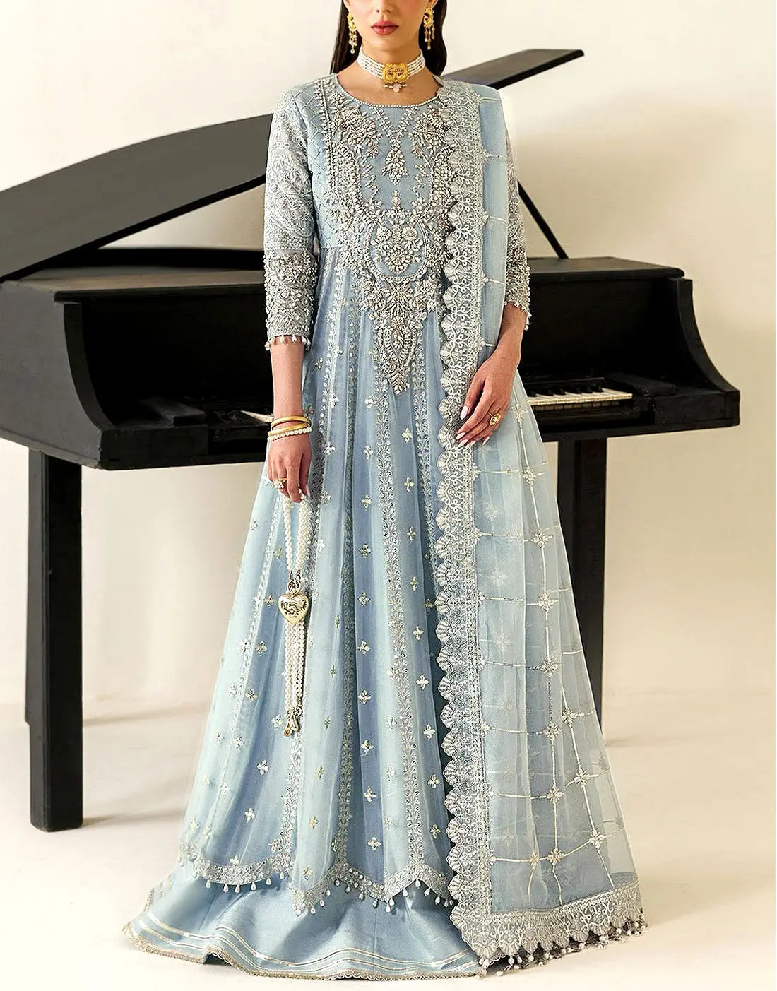 Luxury Heavy Embroidered Powder Blue Chiffon Maxi Dress 2026