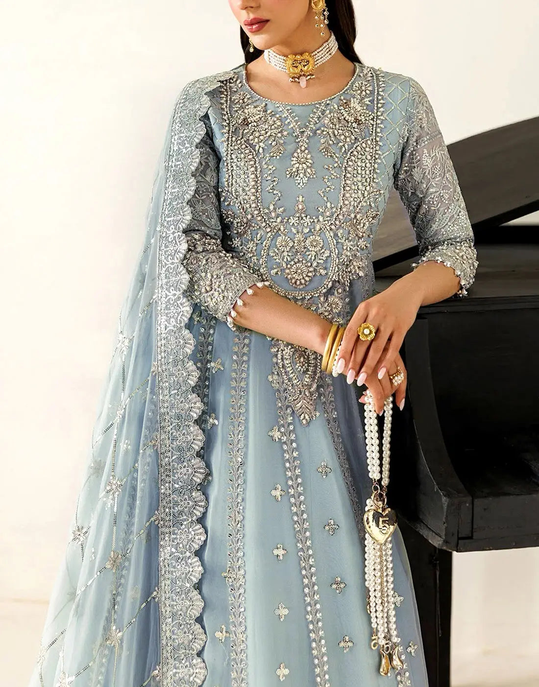Luxury Heavy Embroidered Powder Blue Chiffon Maxi Dress 2026