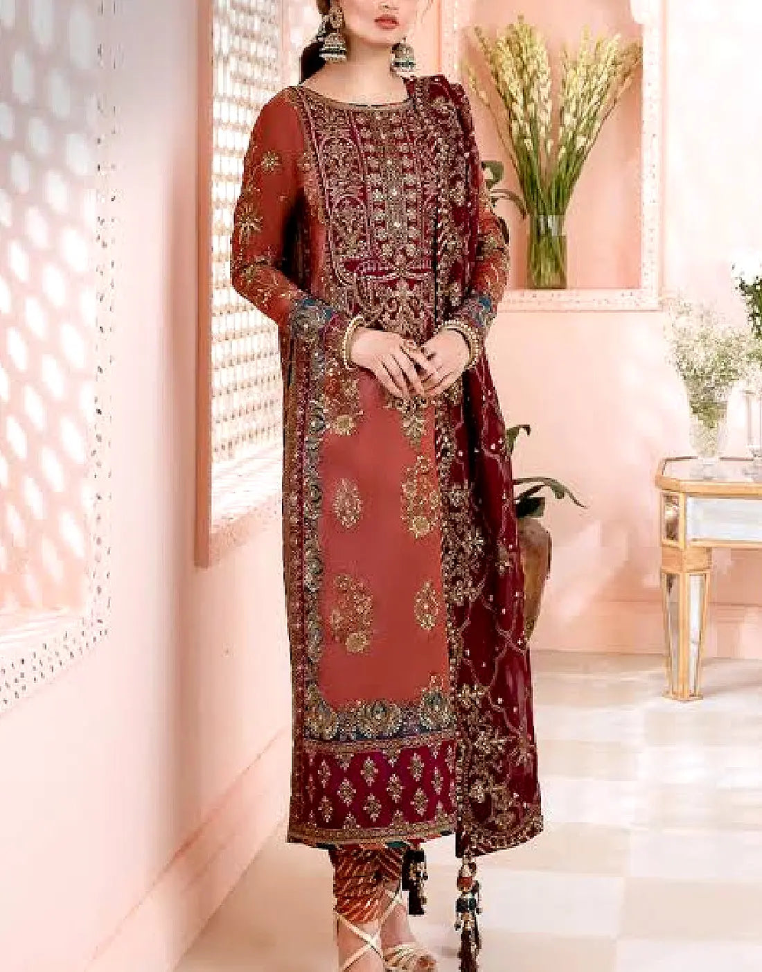 Heavily Embroidered Iced Tea Chiffon Wedding Dress for Formal & Wedding Wear