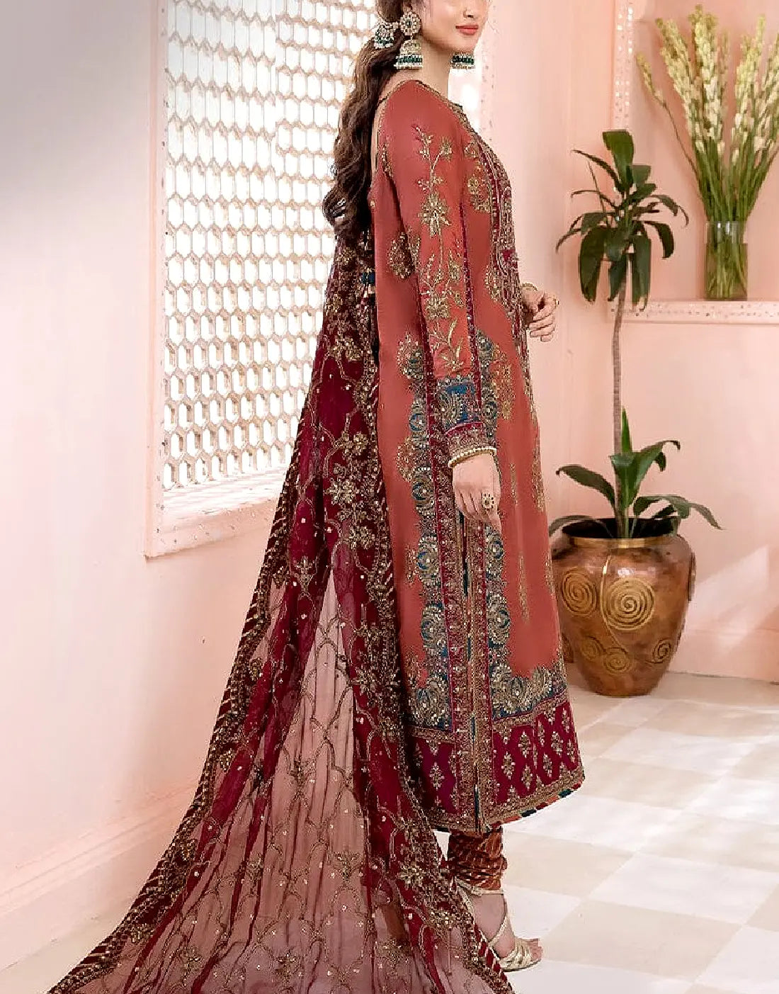 Heavily Embroidered Iced Tea Chiffon Wedding Dress for Formal & Wedding Wear