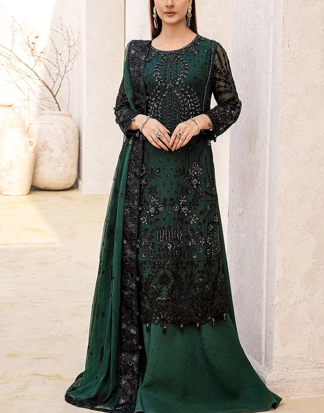 Glamorous Handwork Embroidered Bottle Green Chiffon Wedding Dress