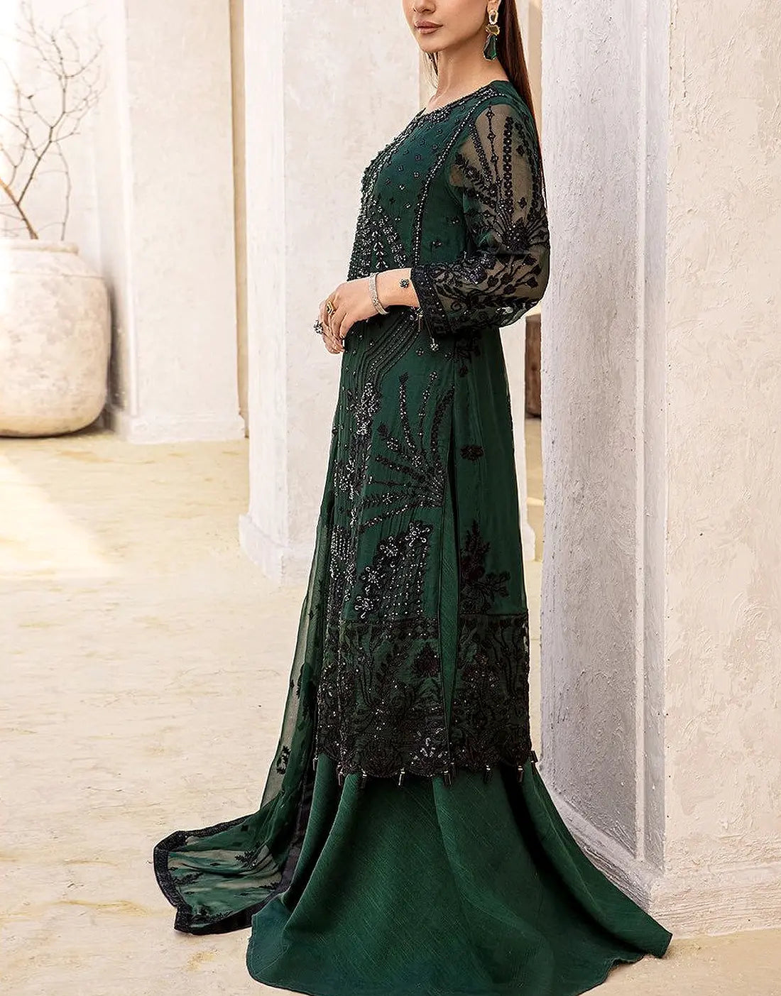 Glamorous Handwork Embroidered Bottle Green Chiffon Wedding Dress