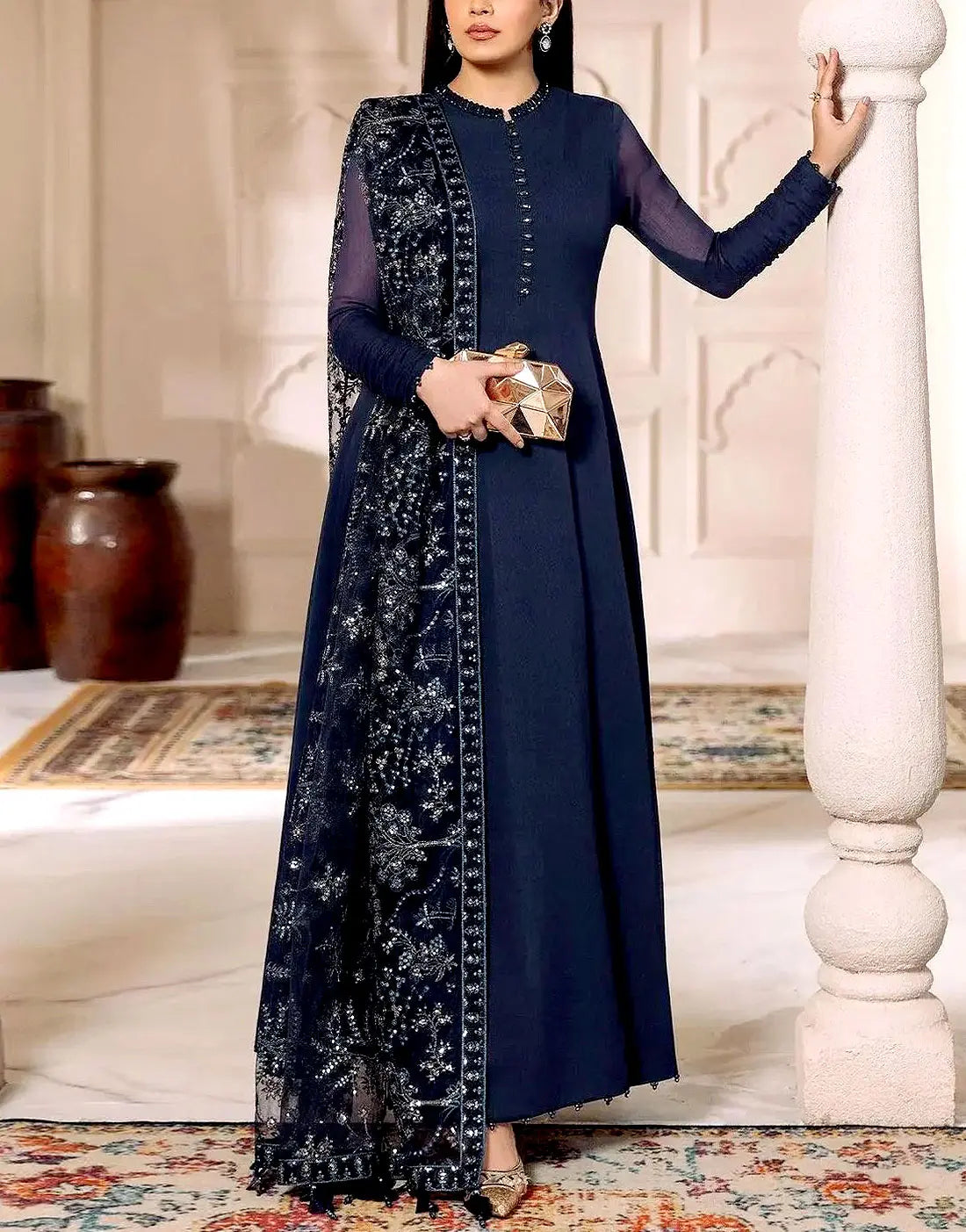 Graceful Embroidered Navy Blue Chiffon Wedding & Party Wear Dress