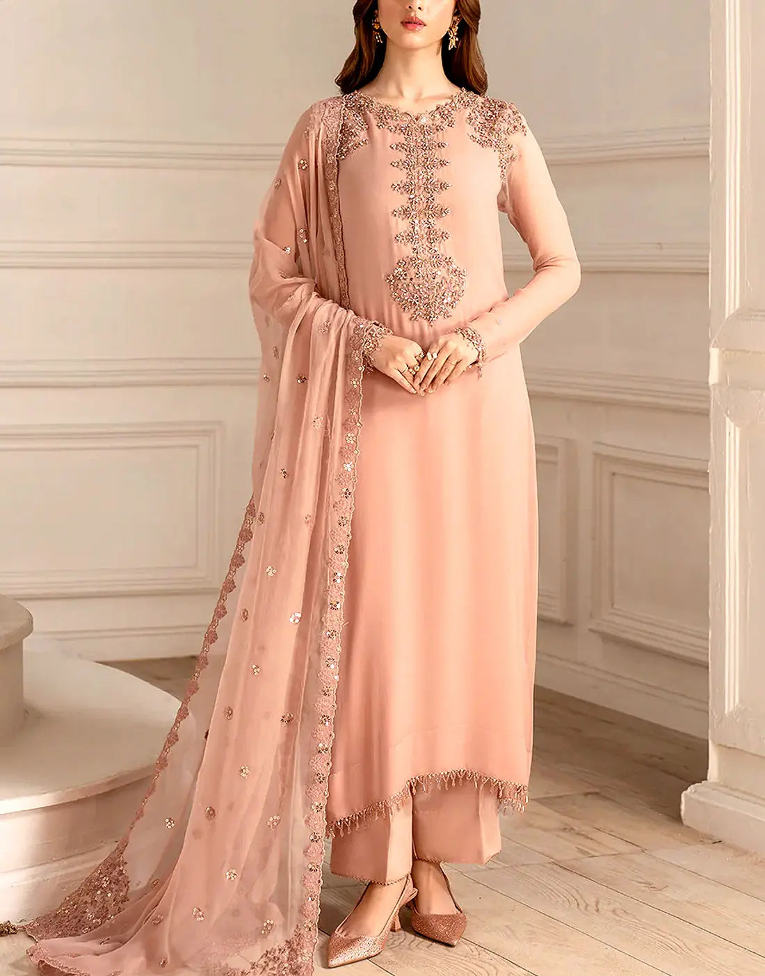 slim fit dress slacks Alluring Embroidered Peach Blossom Formal & Party Chiffon Dress – Best  Price Online in Pakistan