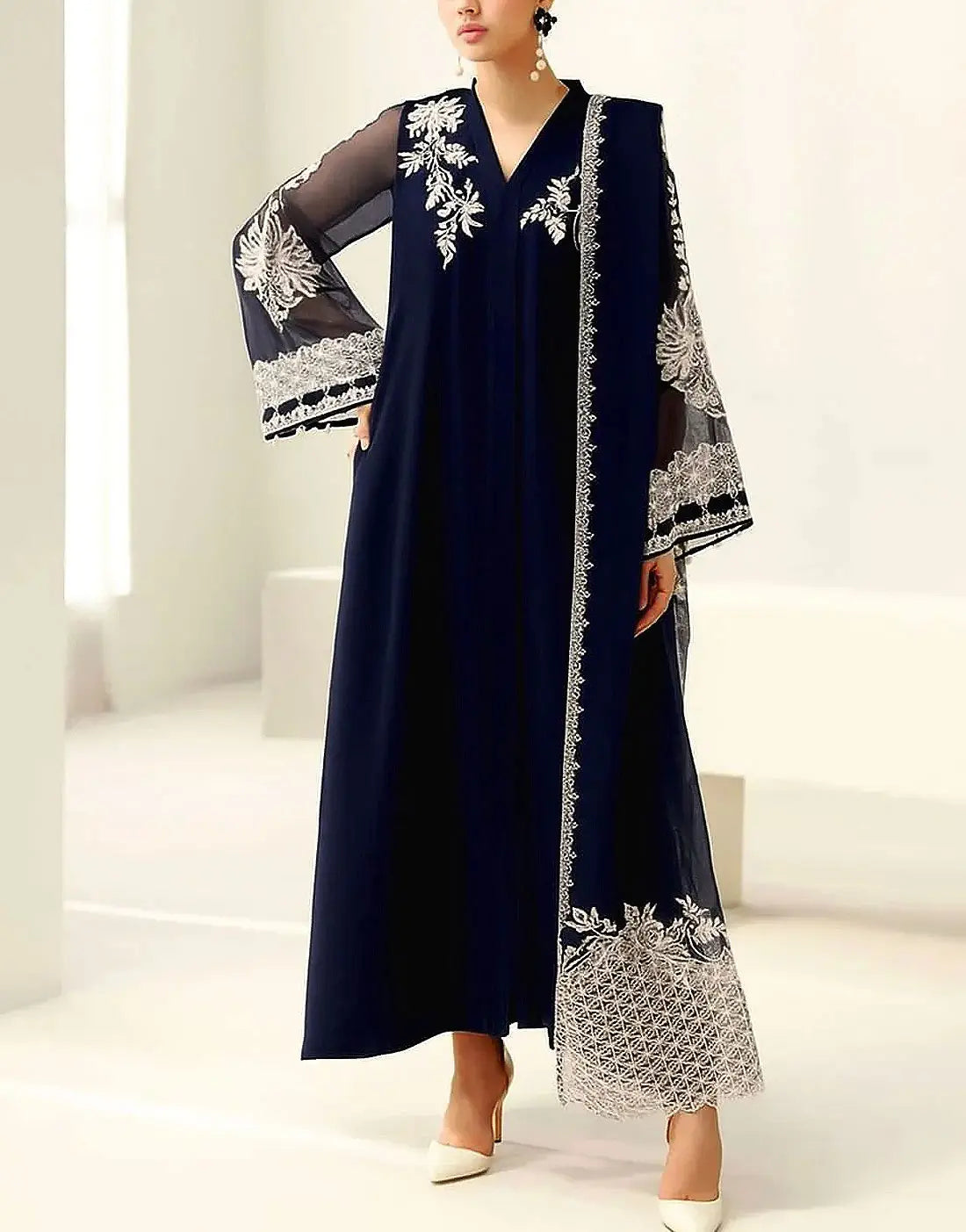 Elegant Decent Embroidered Navy Blue Chiffon Party Wear Dress