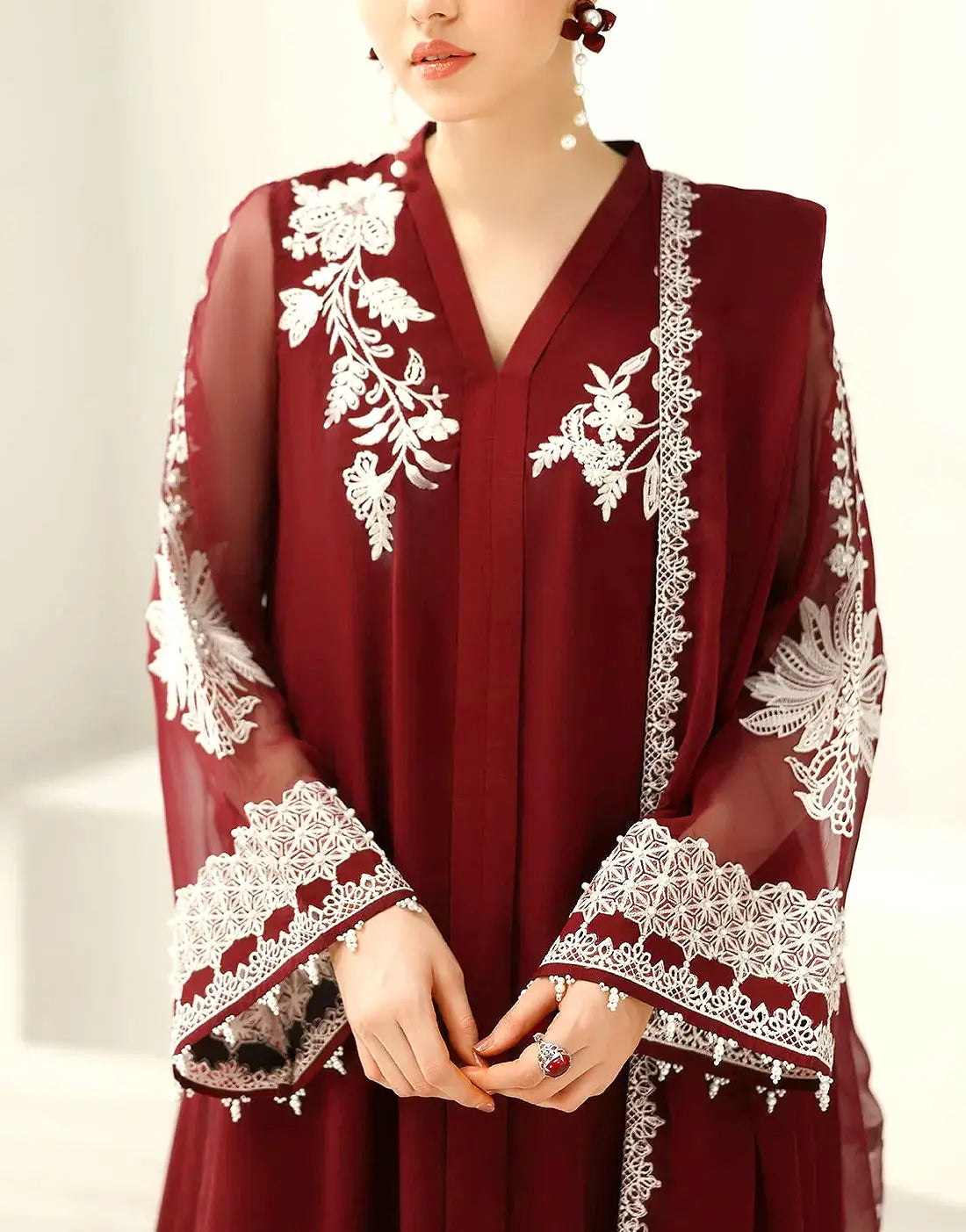 Elegant Decent Embroidered Maroon Chiffon Party Wear Dress