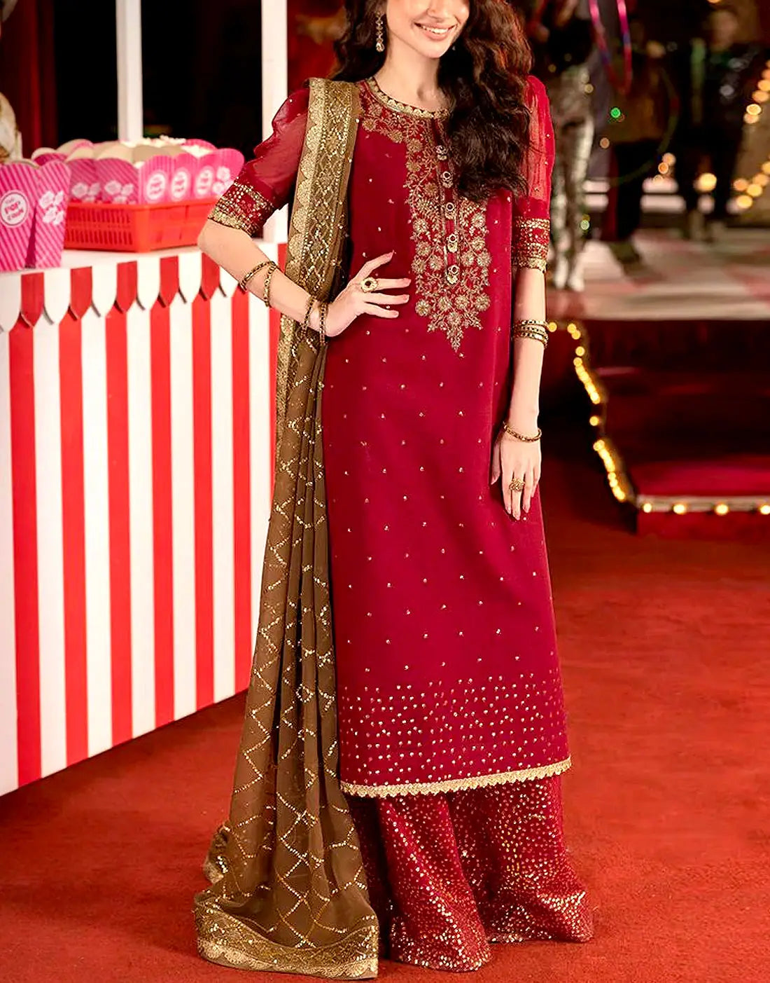 Embroidered Deep Red Chiffon Wedding Dress with Emb. Silk Trouser (DZ18621) main image 0