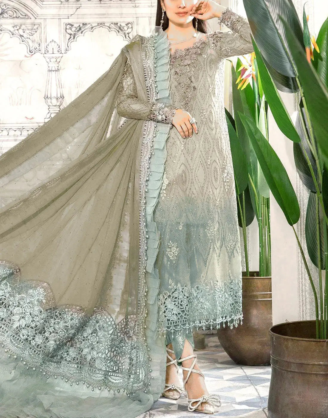 Luxury Embroidered Ombre Style Chiffon Formal Party Dress in Dusty  Grayish-Green  Best Price Online in Pakistan