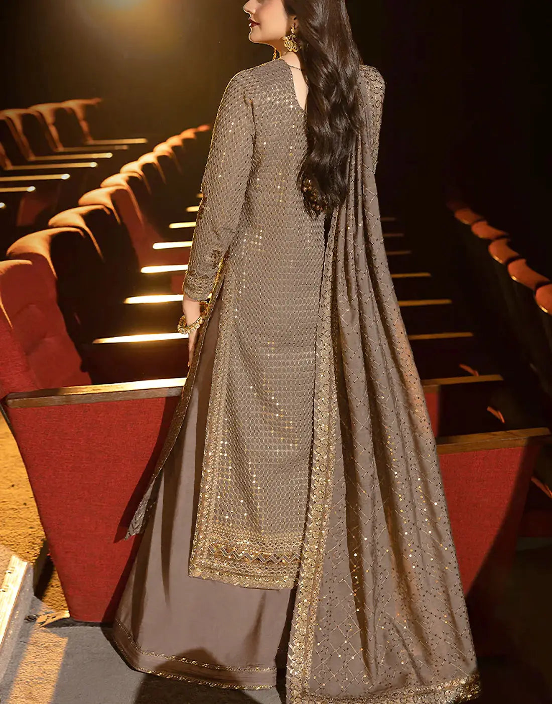 Glamorous Intricate Embroidered Taupe-Brown Chiffon Party & Wedding Dress