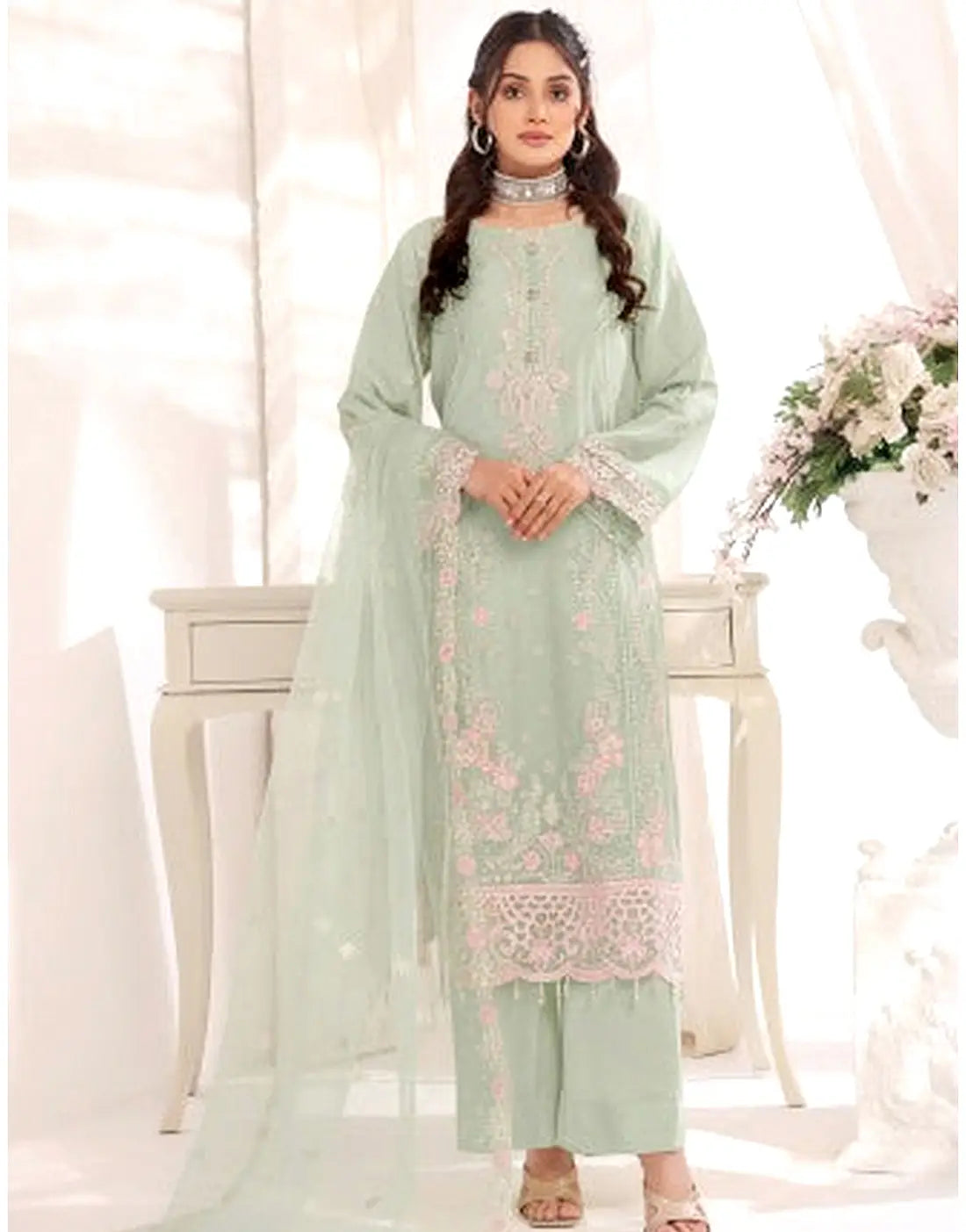 Batul Semi-Stitched Embroidered Soft Green Chiffon Dress for Festive & Party Wear