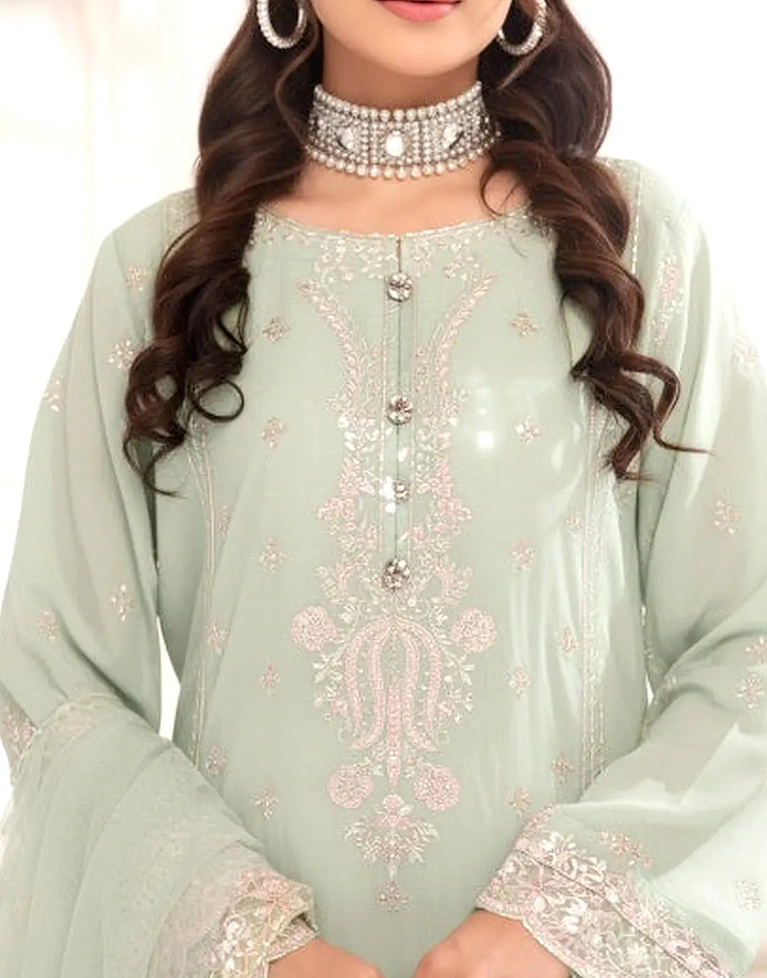 Batul Semi-Stitched Embroidered Soft Green Chiffon Dress for Festive & Party Wear