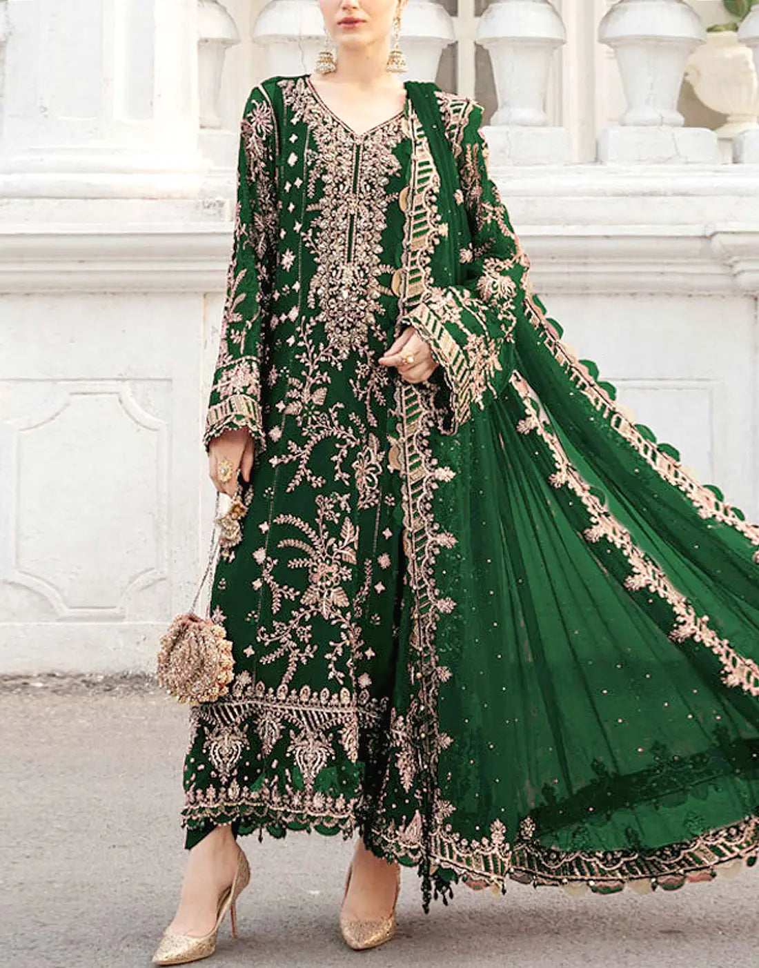 Heavy Embroidered with Adda-Work Bottle Green Chiffon Dress for Wedding & Party Wear