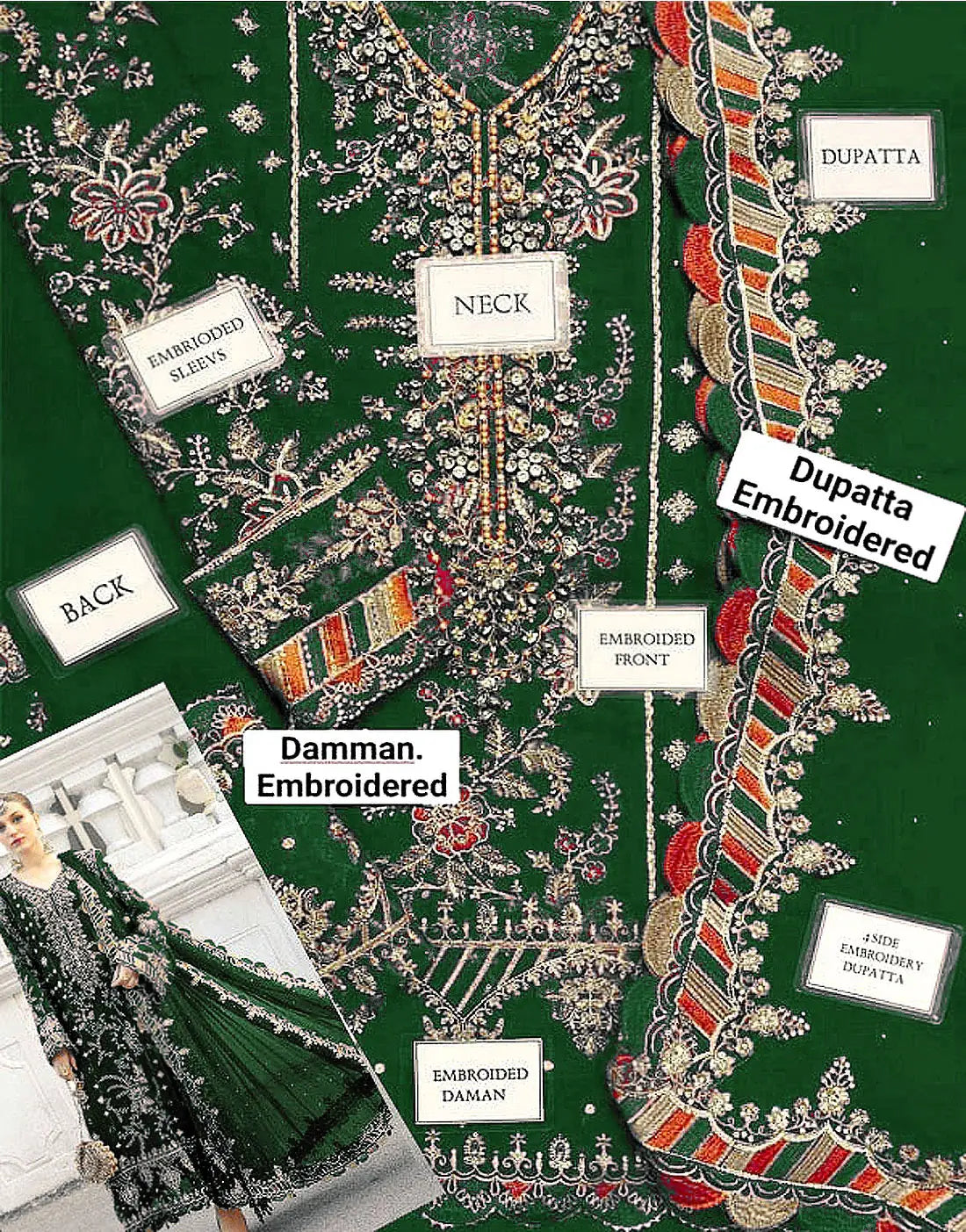 Heavy Embroidered with Adda-Work Bottle Green Chiffon Dress for Wedding & Party Wear