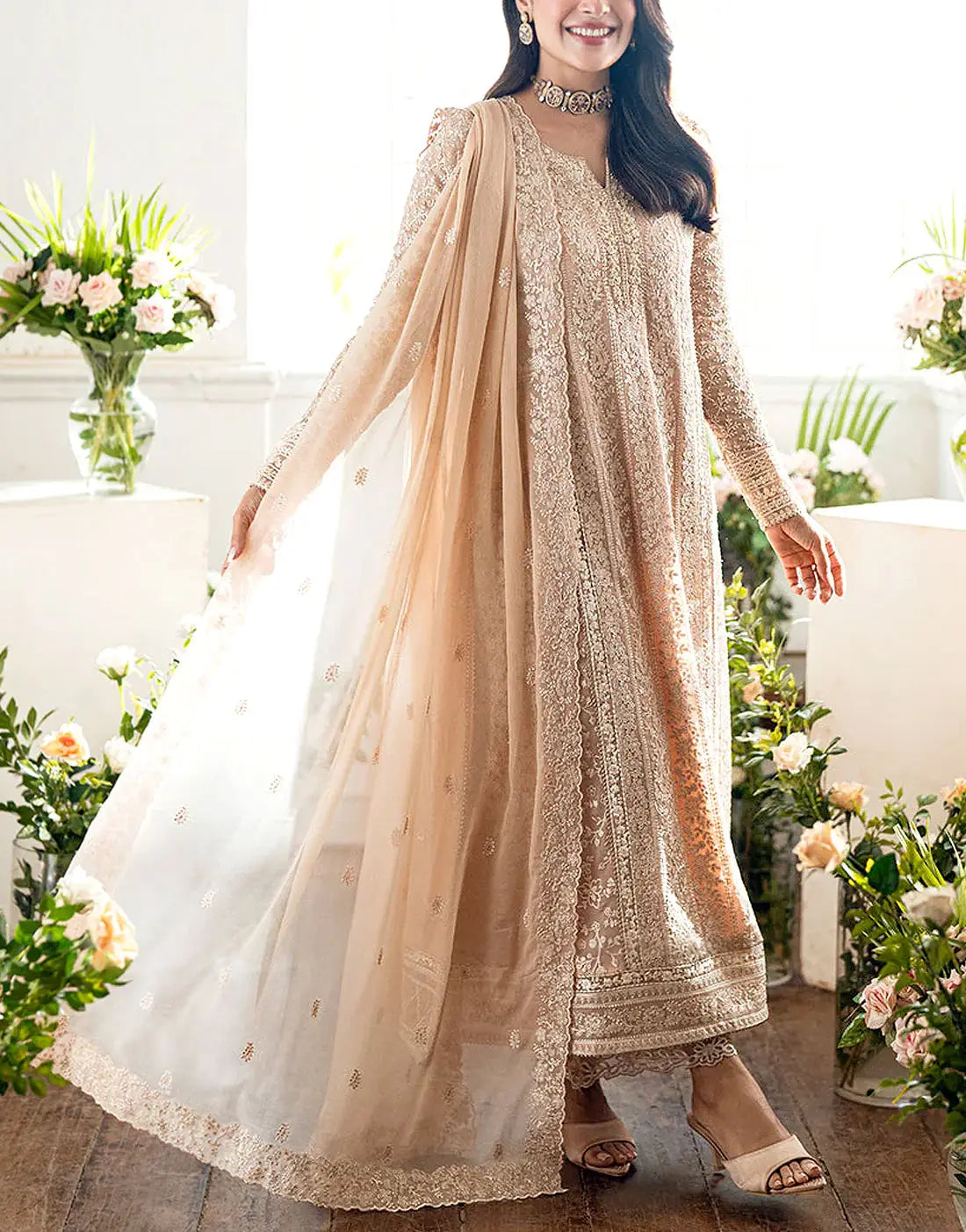 Heavy Embroidered Beige Chiffon Formal Dress for Weddings & Parties – Best  Price Online in Pakistan