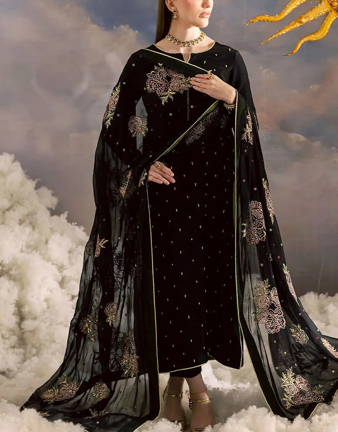 Elegant Embroidered Black Chiffon Party Dress with Emb. Chiffon Dupatta
