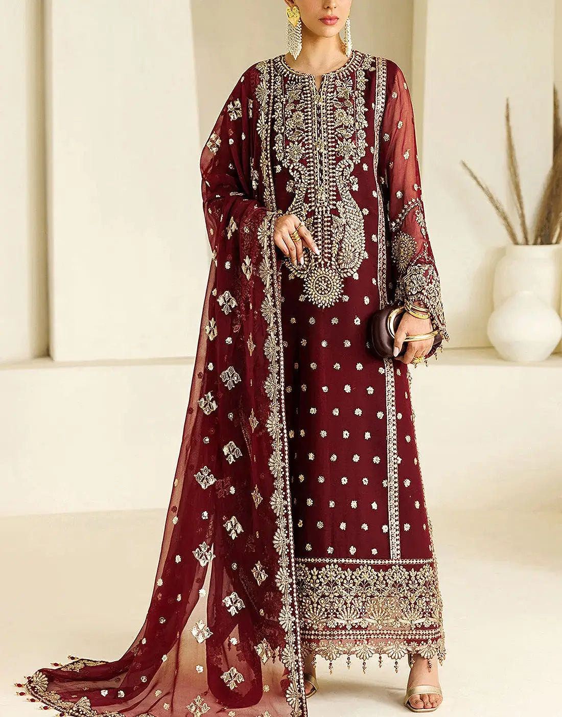 Heavy Embroidered Maroon Chiffon Party Wear Dress with Silk Trouser