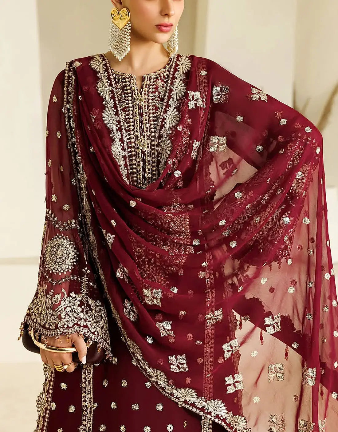 Heavy Embroidered Maroon Chiffon Party Wear Dress with Silk Trouser
