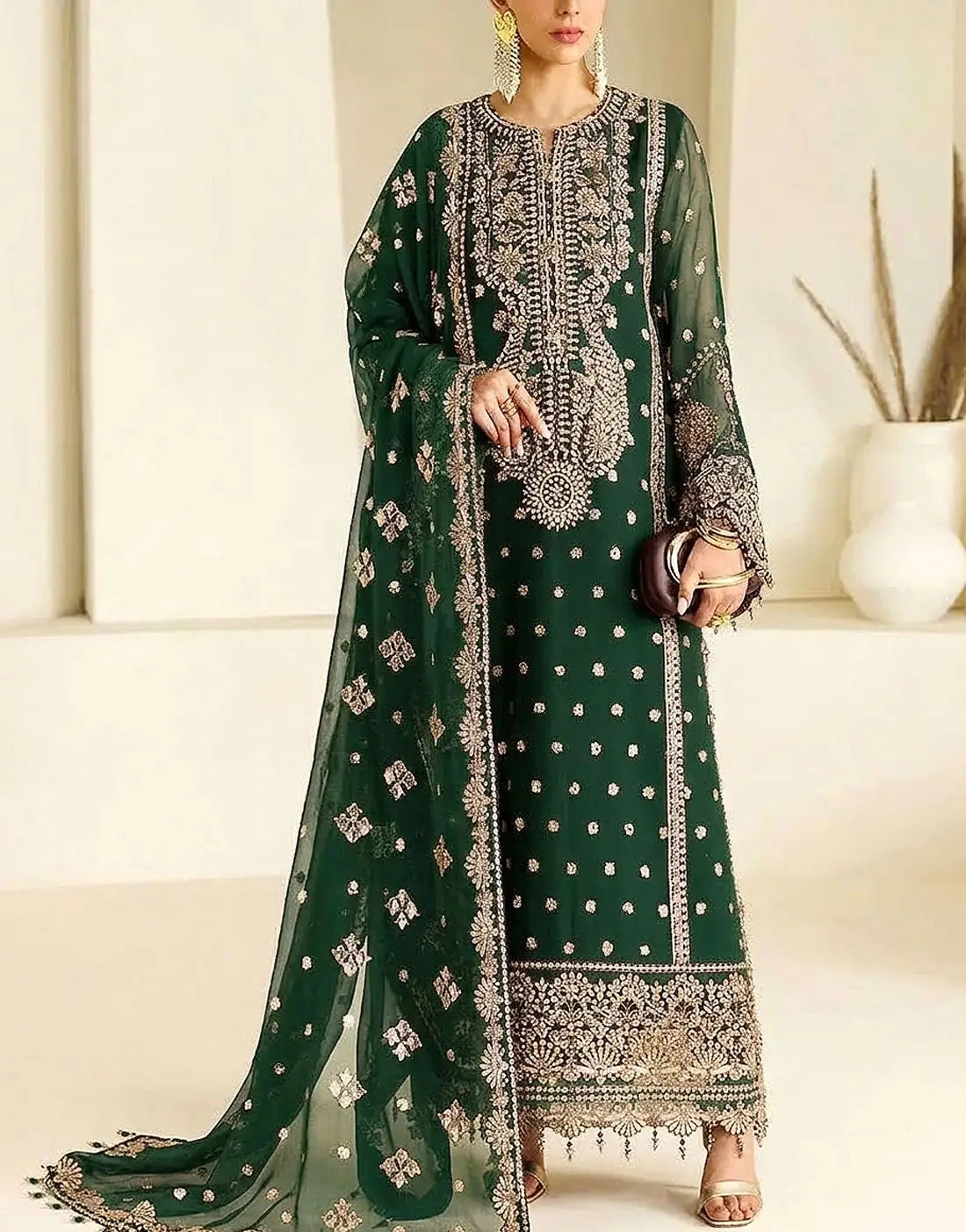 Heavy Embroidered Chiffon Wedding Party Dress with Silk Trouser