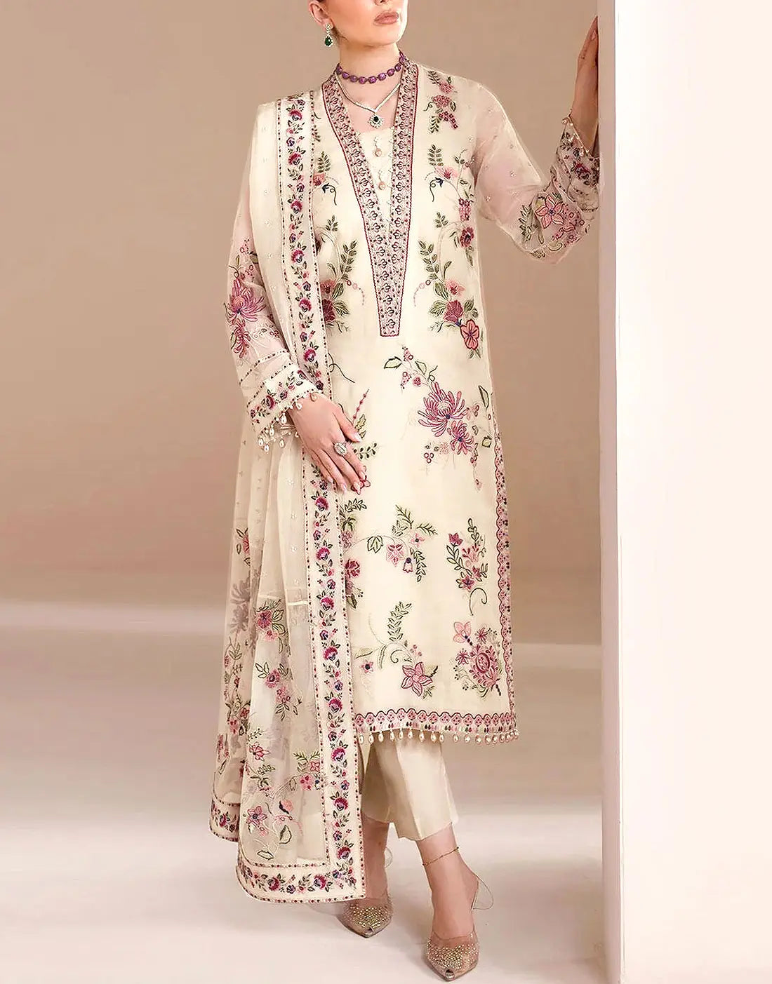 Decent Embroidered Off-White Chiffon Party Wear Dress Design