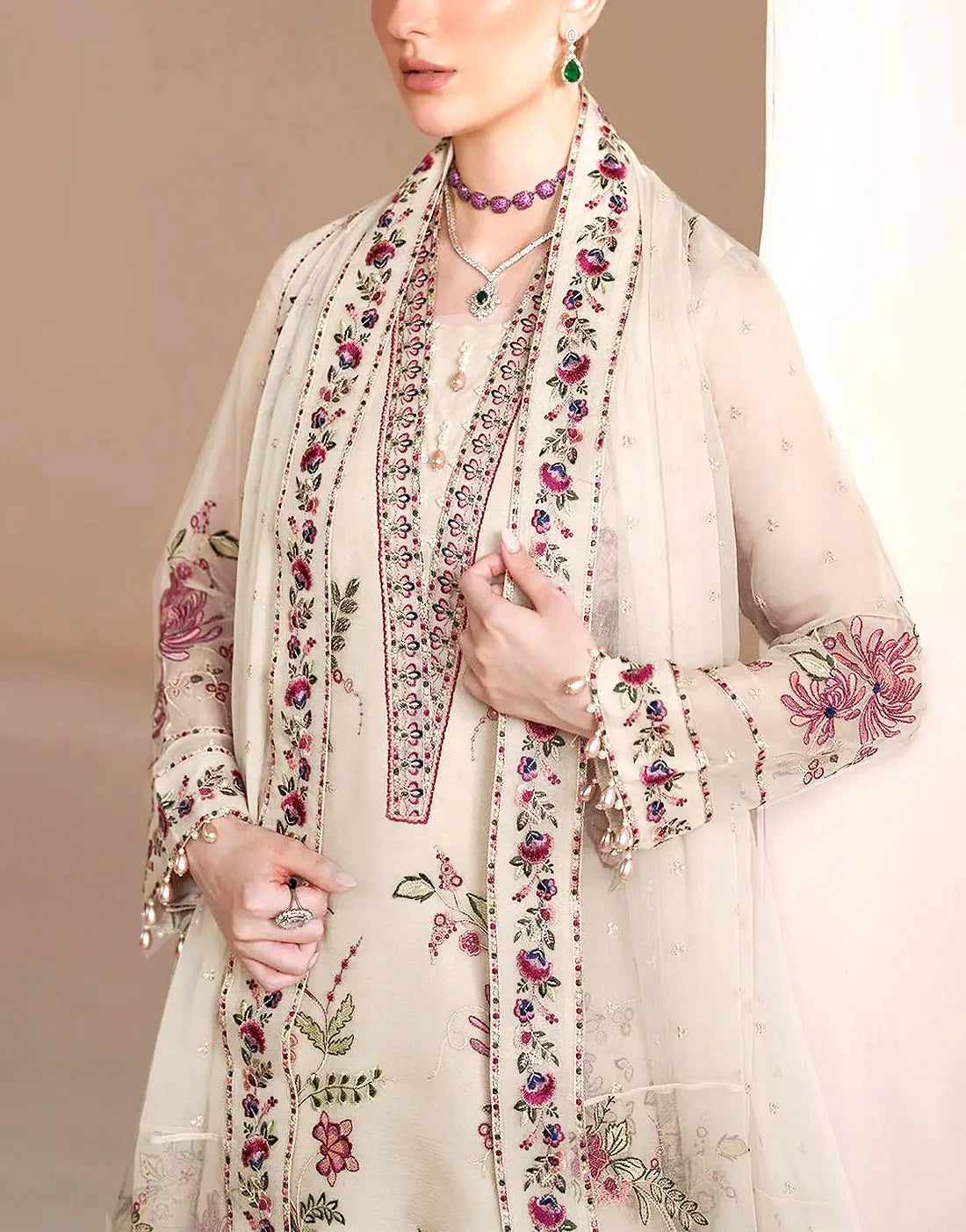 Decent Embroidered Off-White Chiffon Party Wear Dress Design