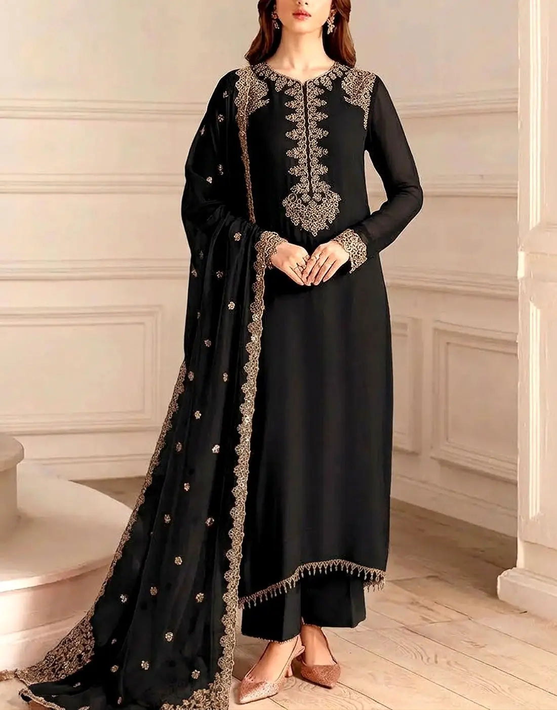 Graceful Embroidered Black Chiffon Dress for Parties & Weddings