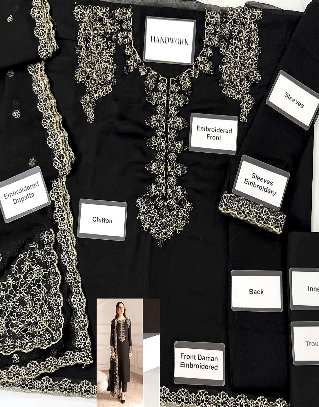 Graceful Embroidered Black Chiffon Dress for Parties & Weddings