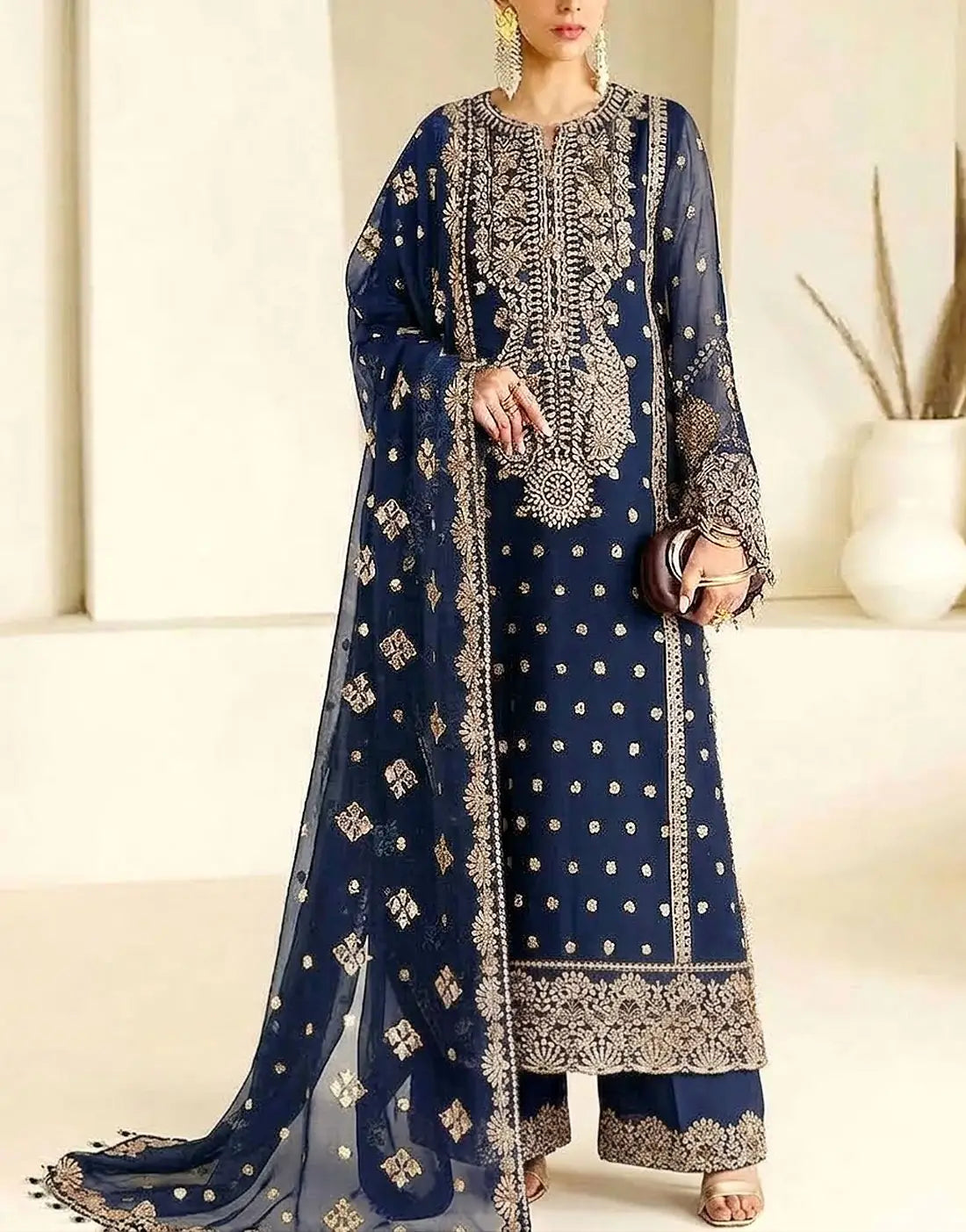 Heavy Embroidered Navy Blue Chiffon Wedding Dress with Silk Trouser