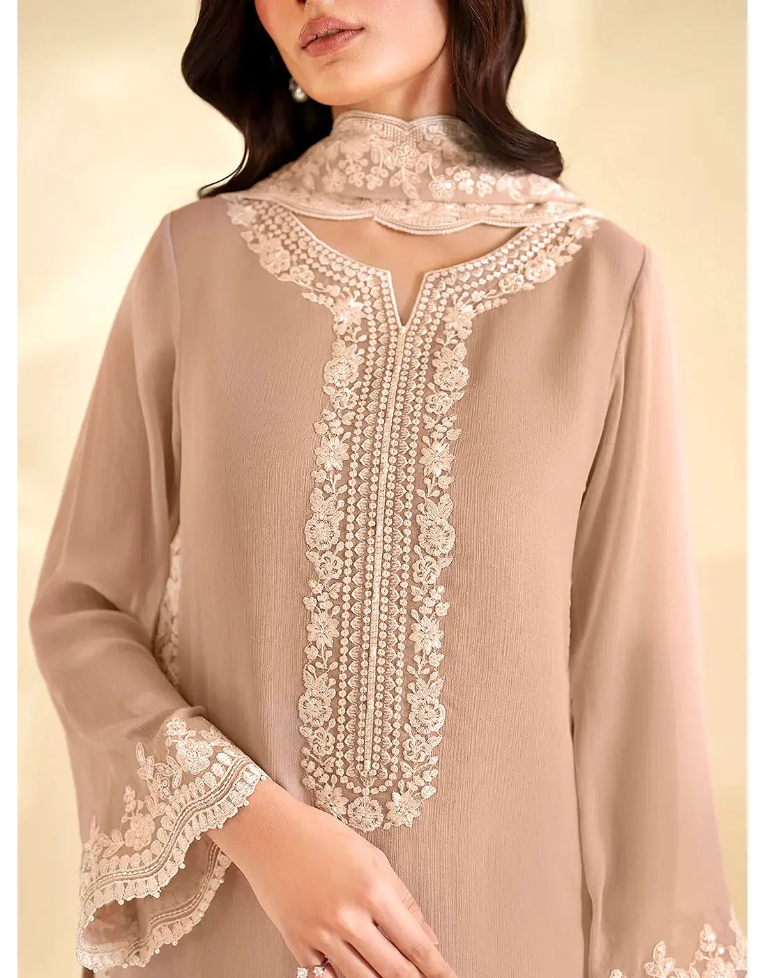 Decent Embroidered Chiffon Party Wear Dress Design 2026