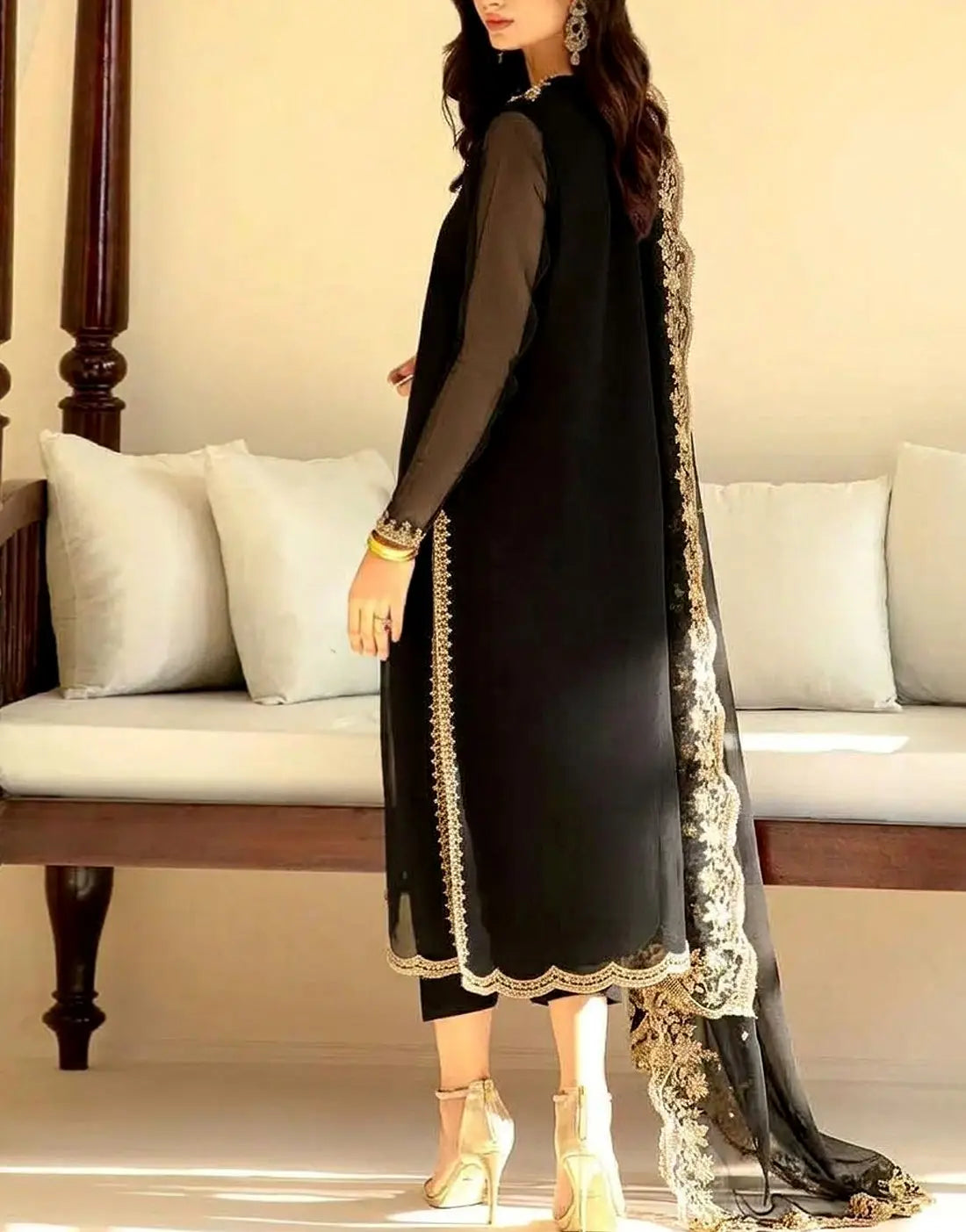 Elegant Embroidered Black Chiffon Party Wear Dress Design