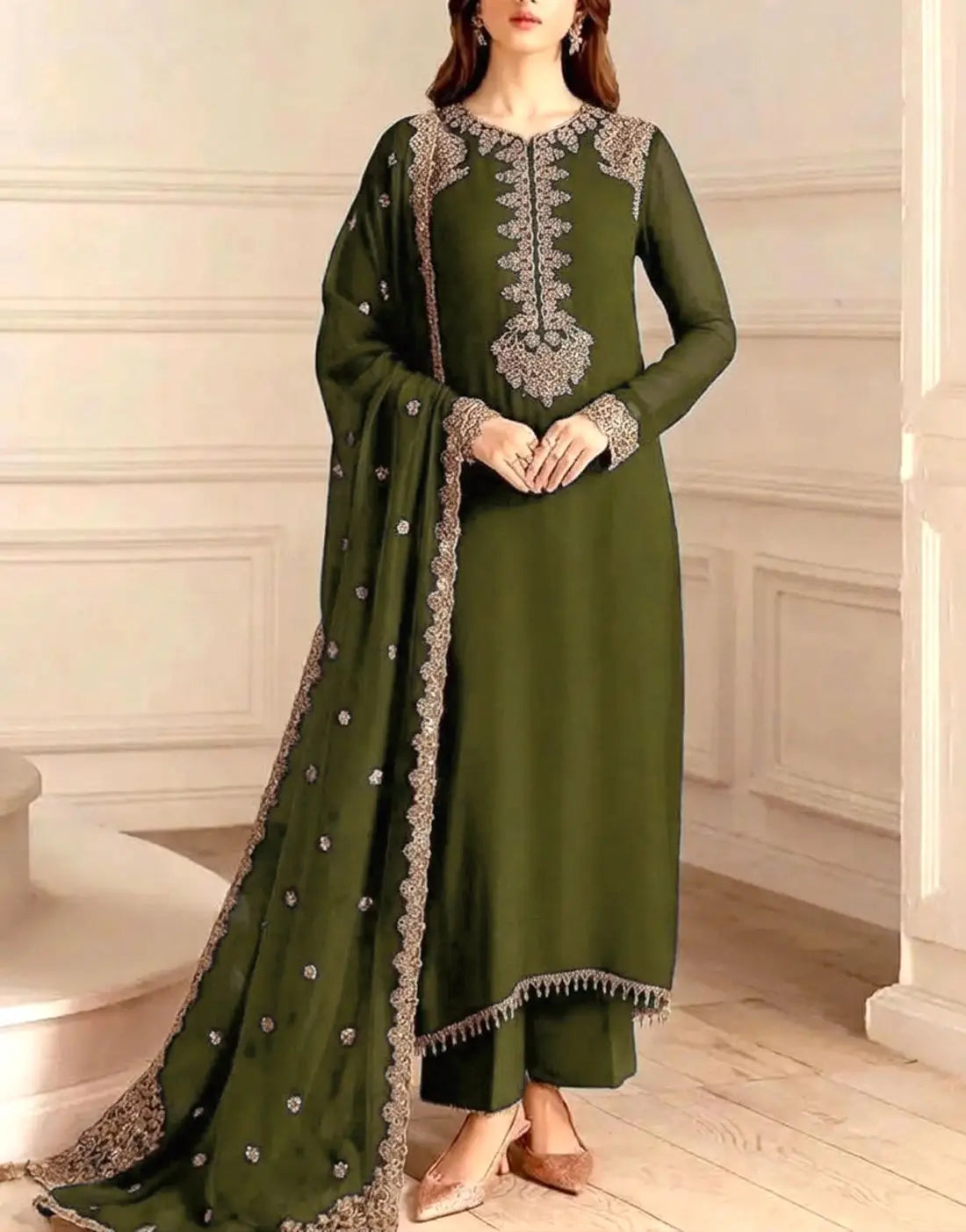 Graceful Embroidered Mehndi Chiffon Dress for Parties & Weddings