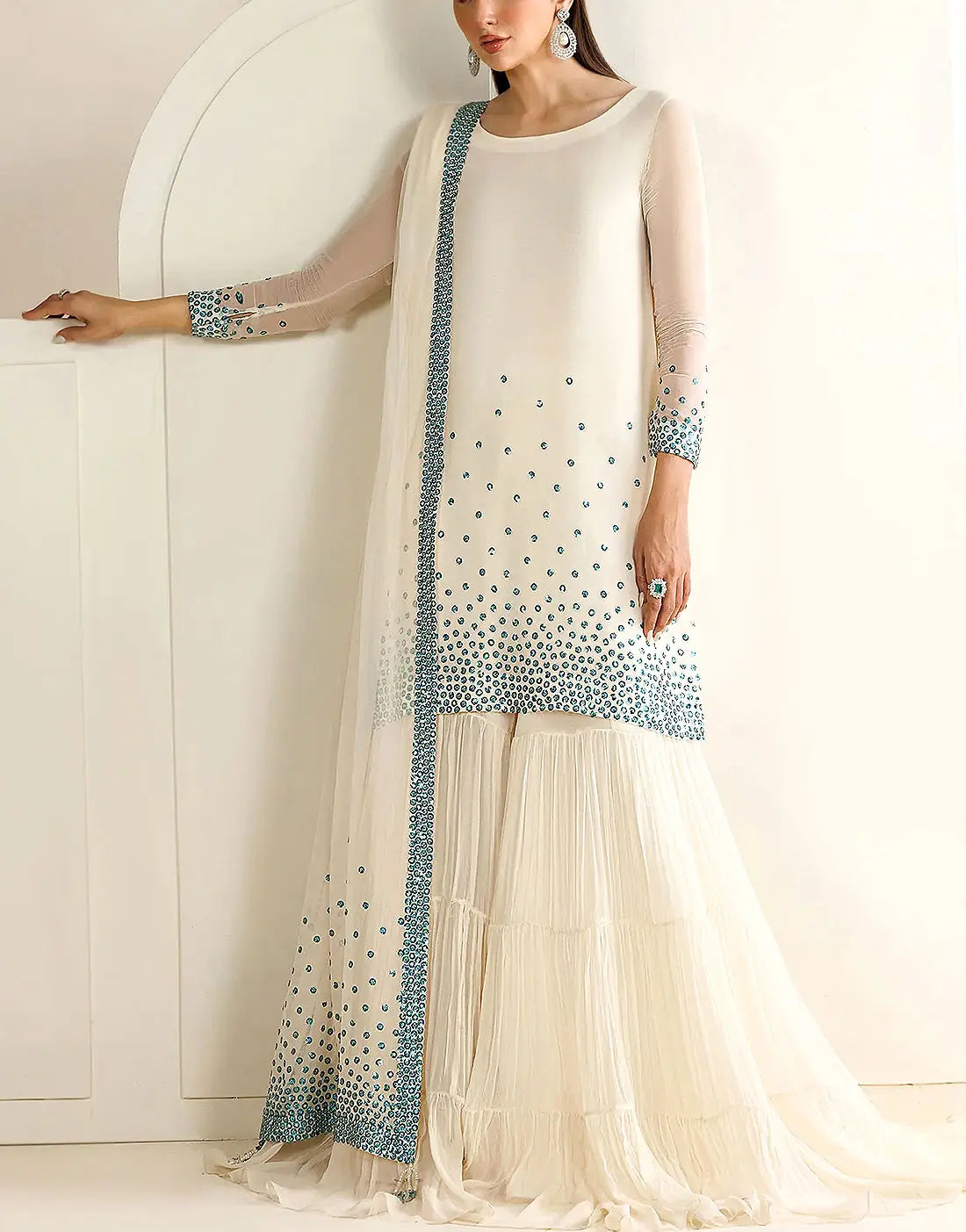 Elegant Sequins Embroidered Chiffon Party Wear Dress with Silk Trouser