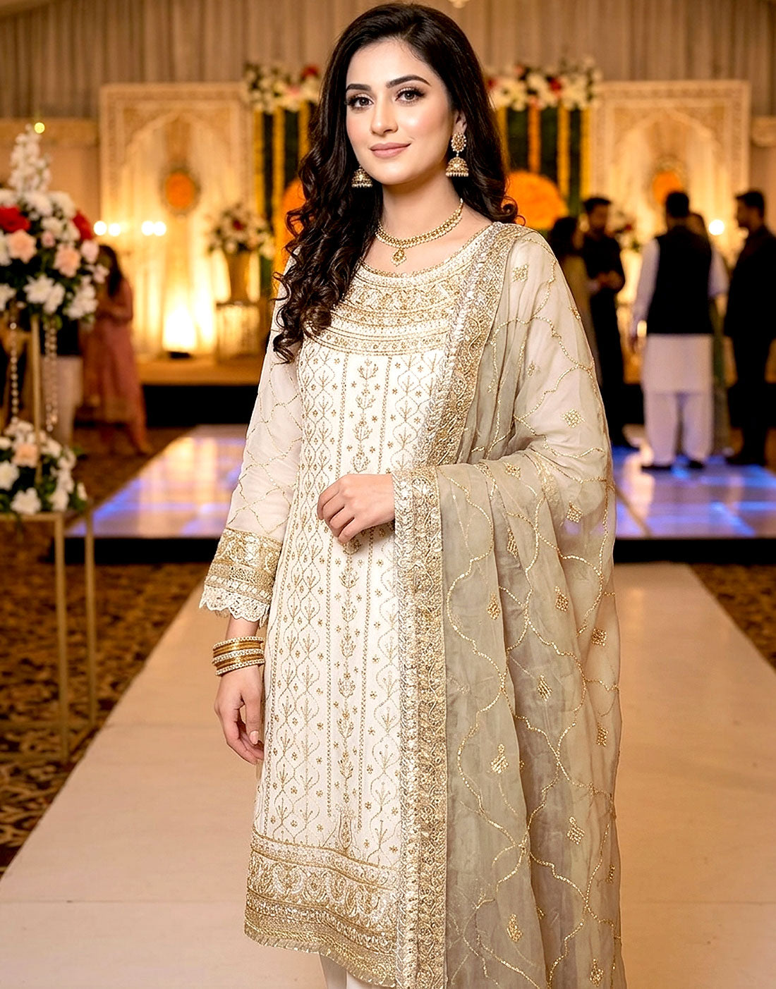 Heavy Embroidered White Chiffon Party Wear Dress