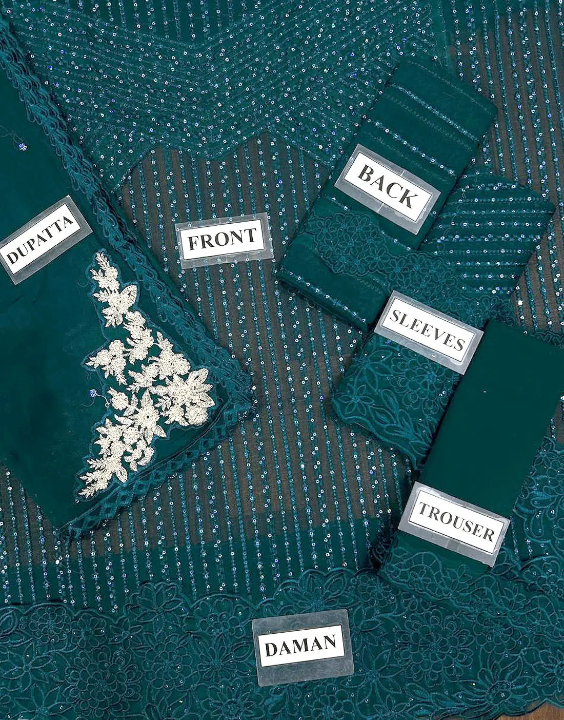 Glittering Full-Front Sequins Embroidered Teal Blue Chiffon Dress for Party & Wedding Wear